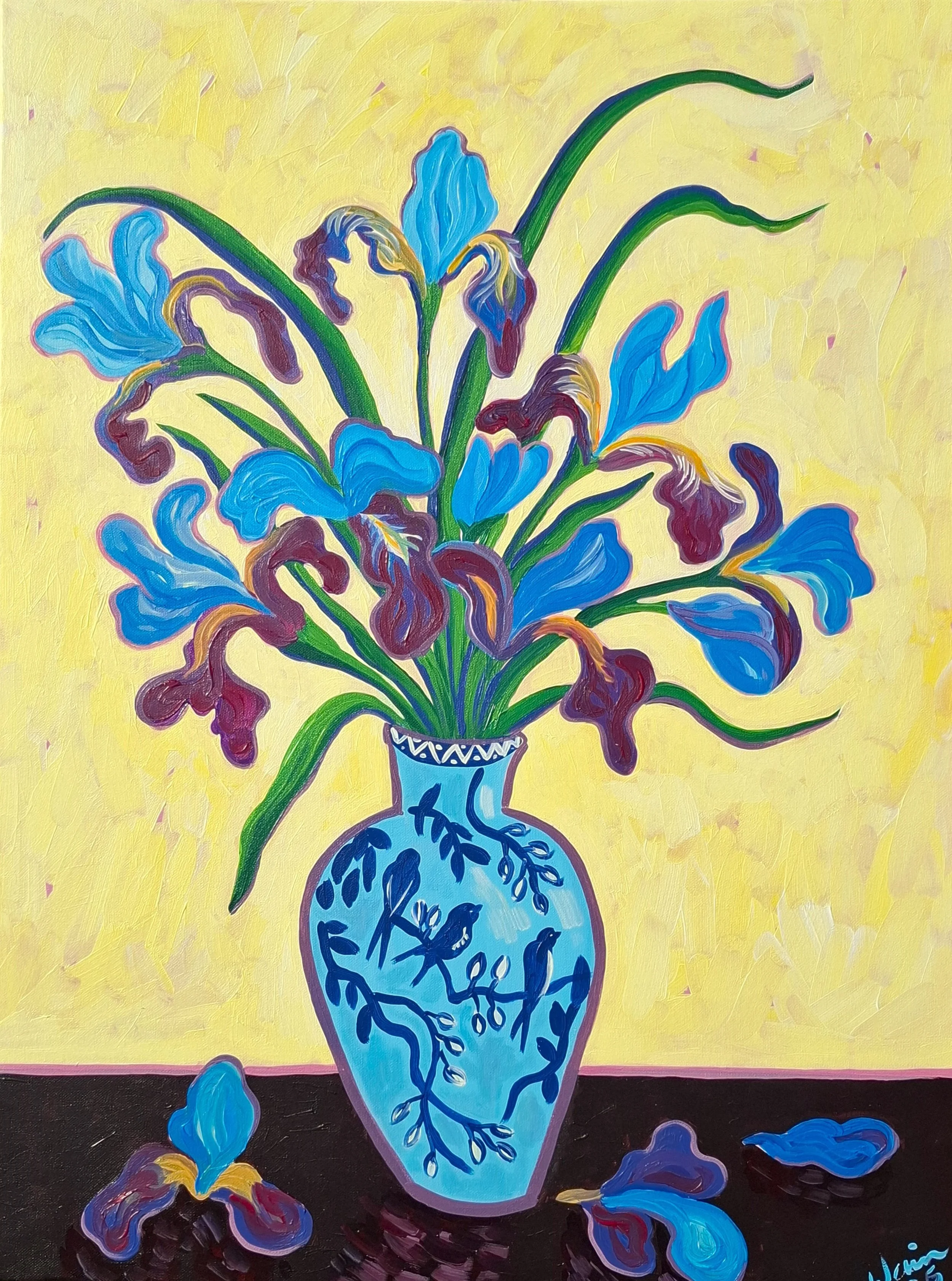 A colorful painting of a blue vase with dark patterns, filled with a bouquet of blue and purple irises, with some petals fallen on a dark surface and a yellow background.
