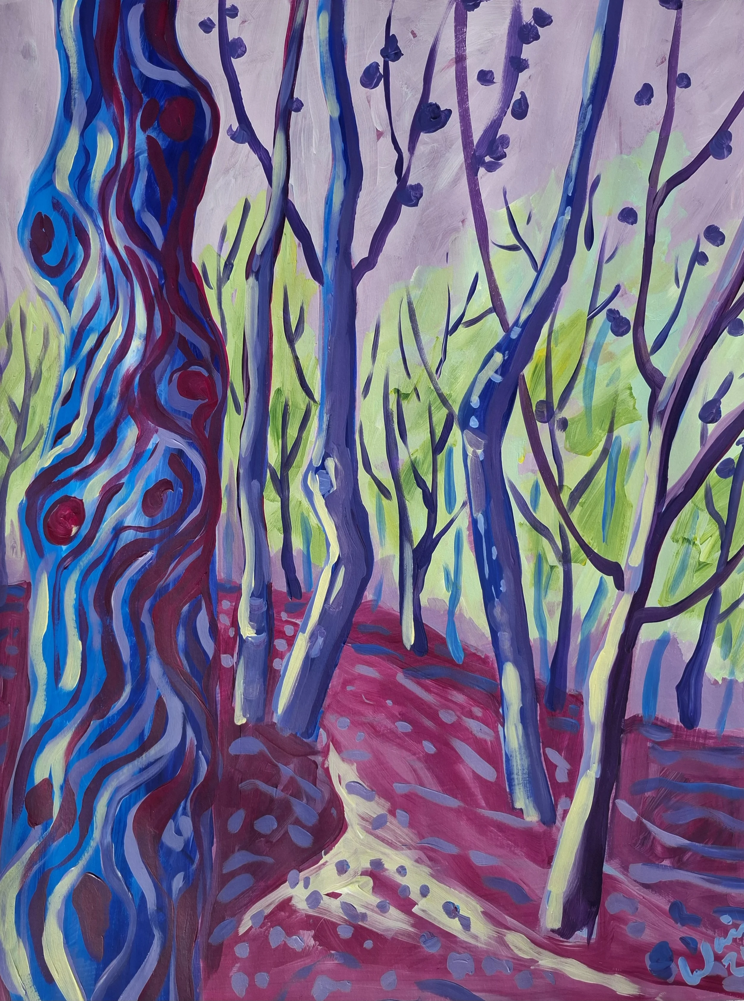 A colorful abstract painting of a forest scene with purple trees, green foliage, a winding path, and a large, wavy, striped tree on the left with red and blue swirls.