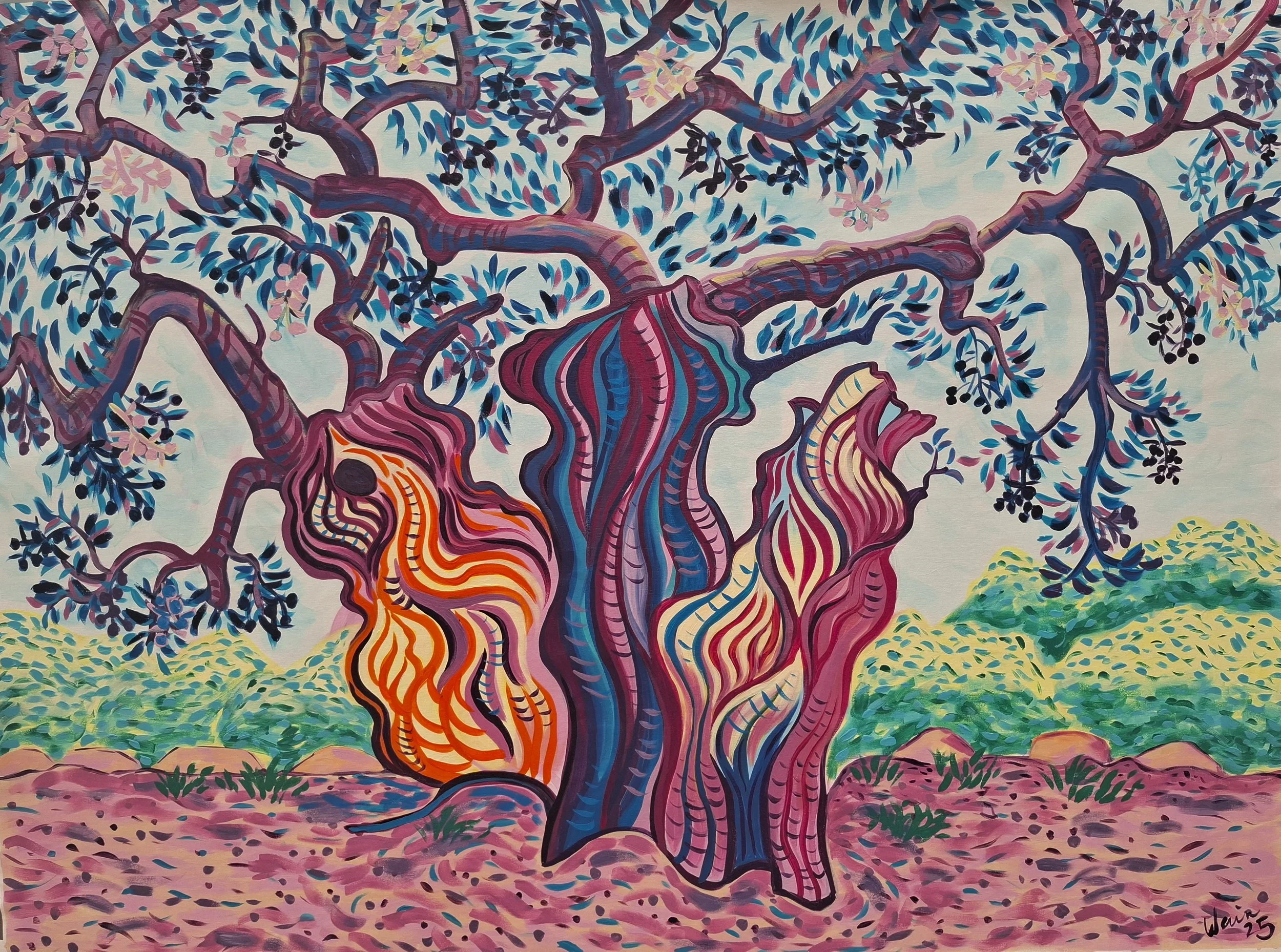 A vibrant, colorful painting of a tree with curly, striped trunk and branches, featuring blue, pink, orange, and purple hues. The background includes green foliage and a pastel sky.