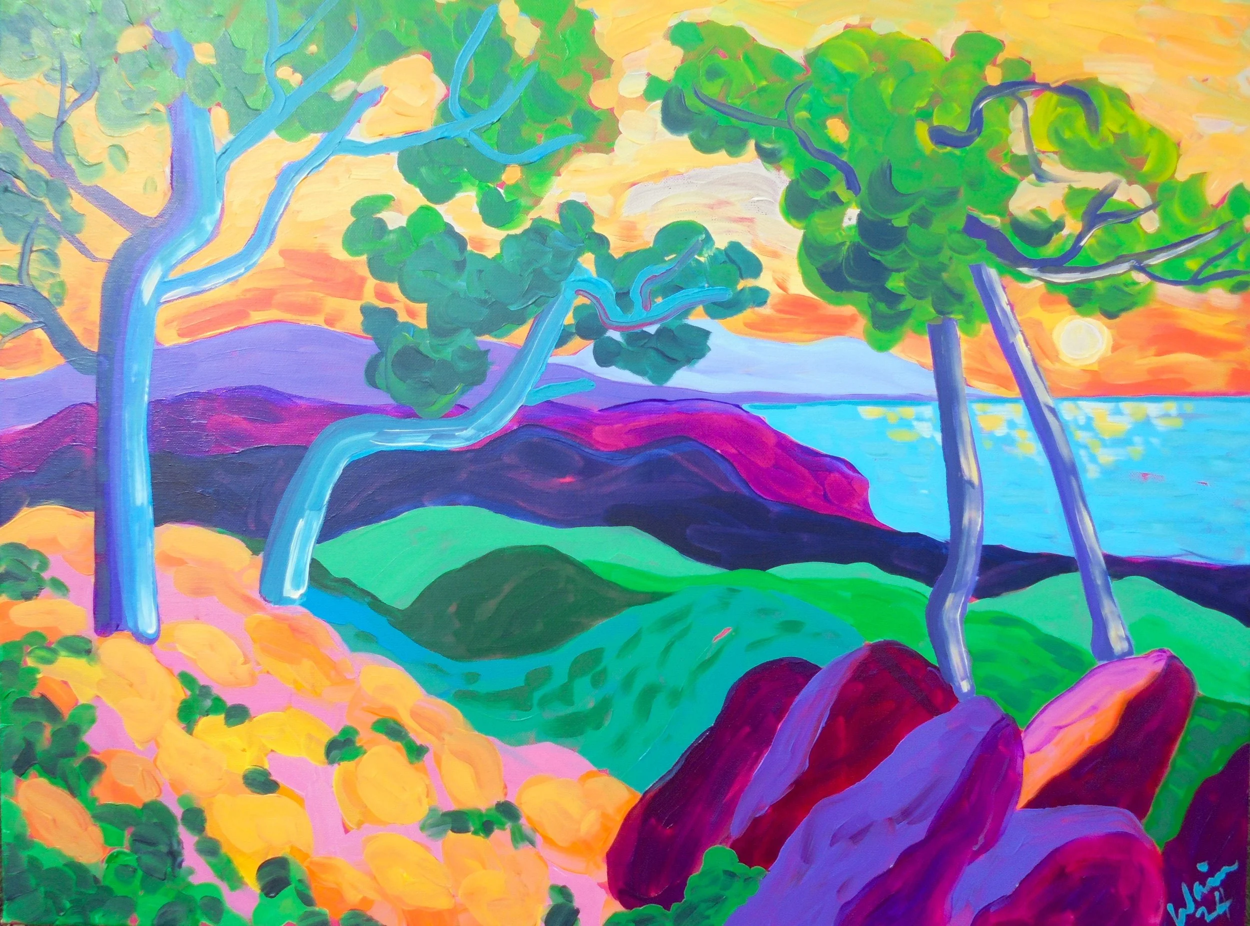 Bright, colorful landscape painting of trees, rolling hills, a body of water, and a sunset with warm orange and yellow hues.