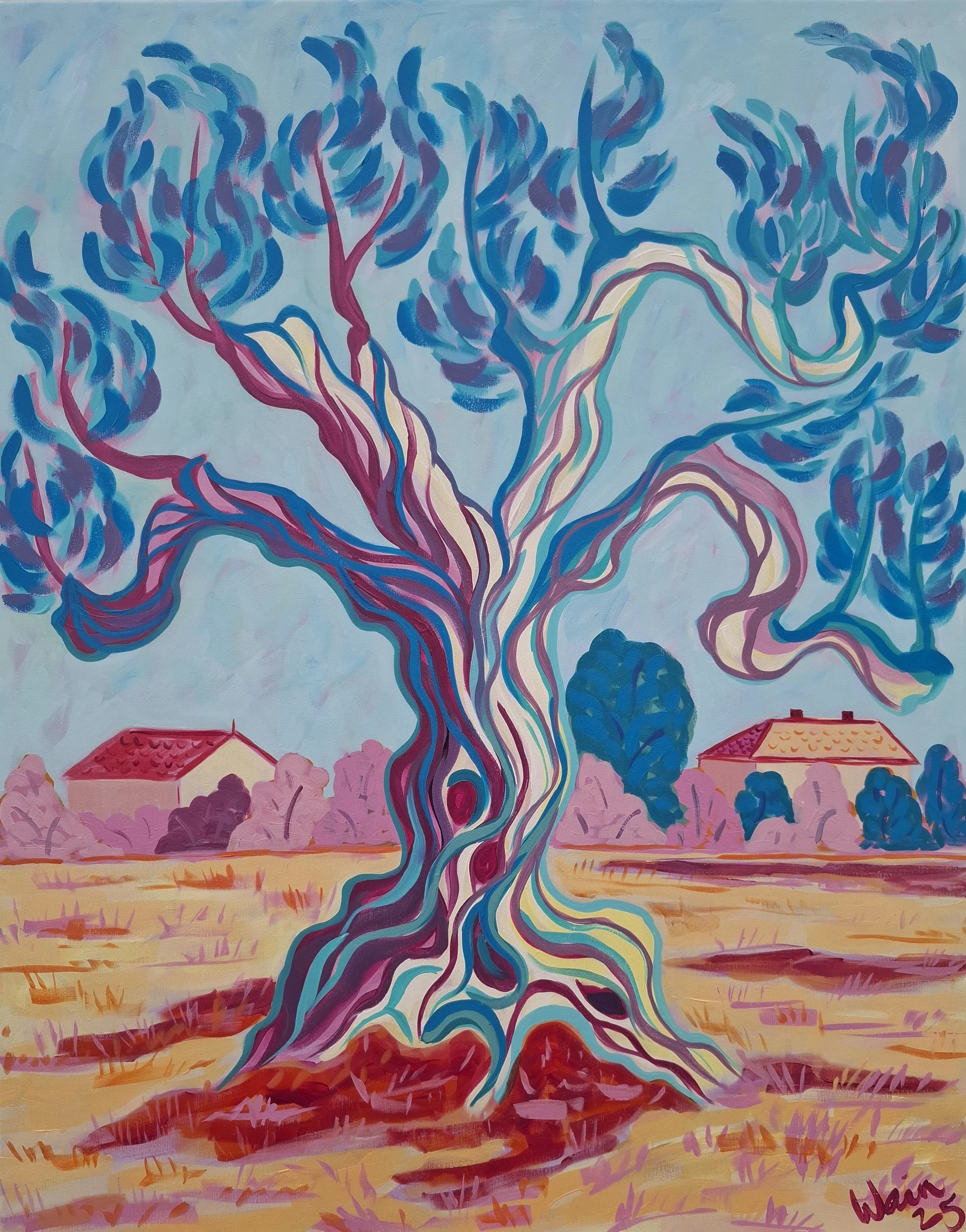 A colorful abstract painting of a twisting tree with blue and purple branches and leaves, set in a rural landscape with two houses, pink trees, and a yellow field.
