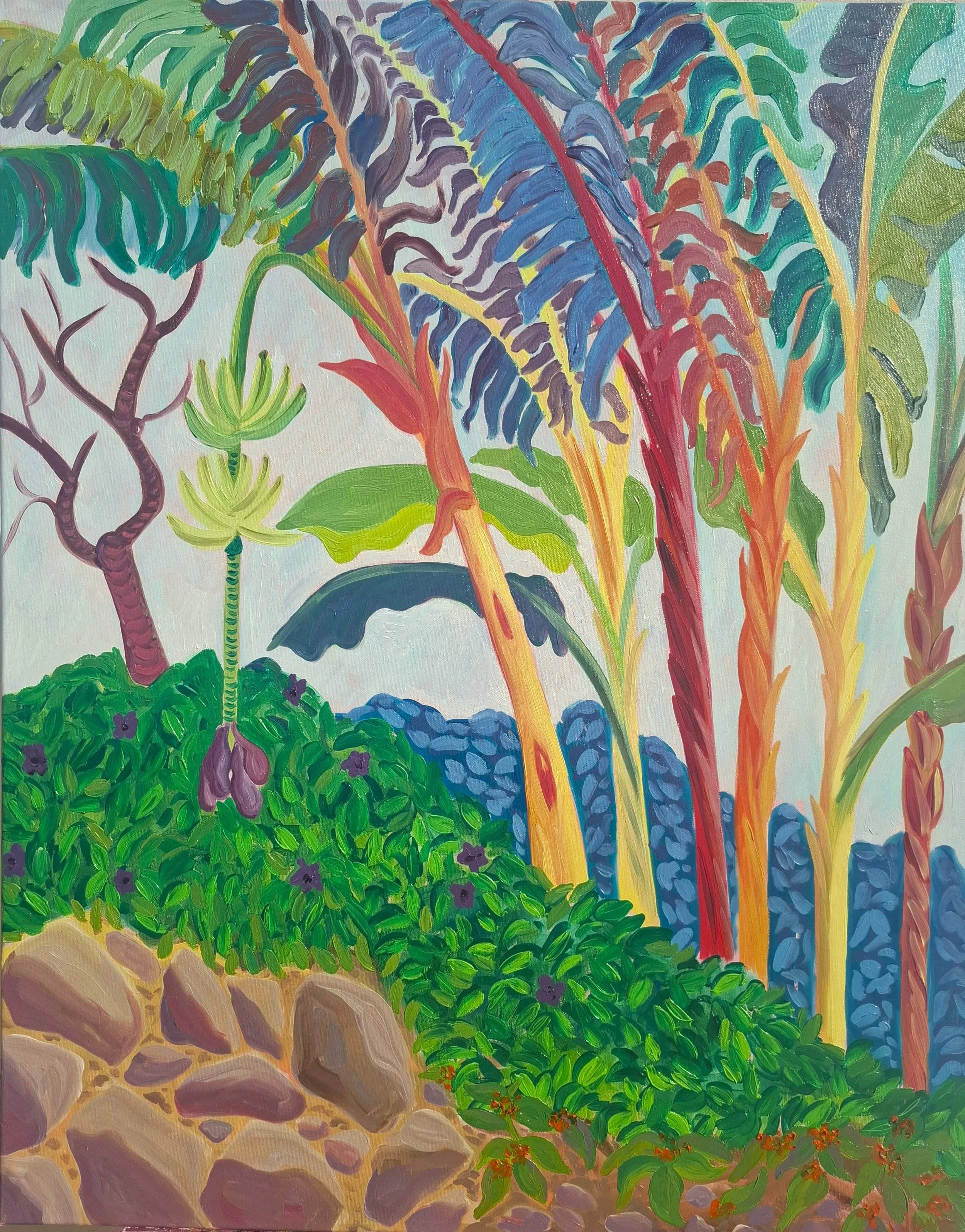 A colorful painting of tropical plants and flowers with large, vibrant leaves in shades of green, blue, purple, red, and yellow, and a stone pathway in the foreground.