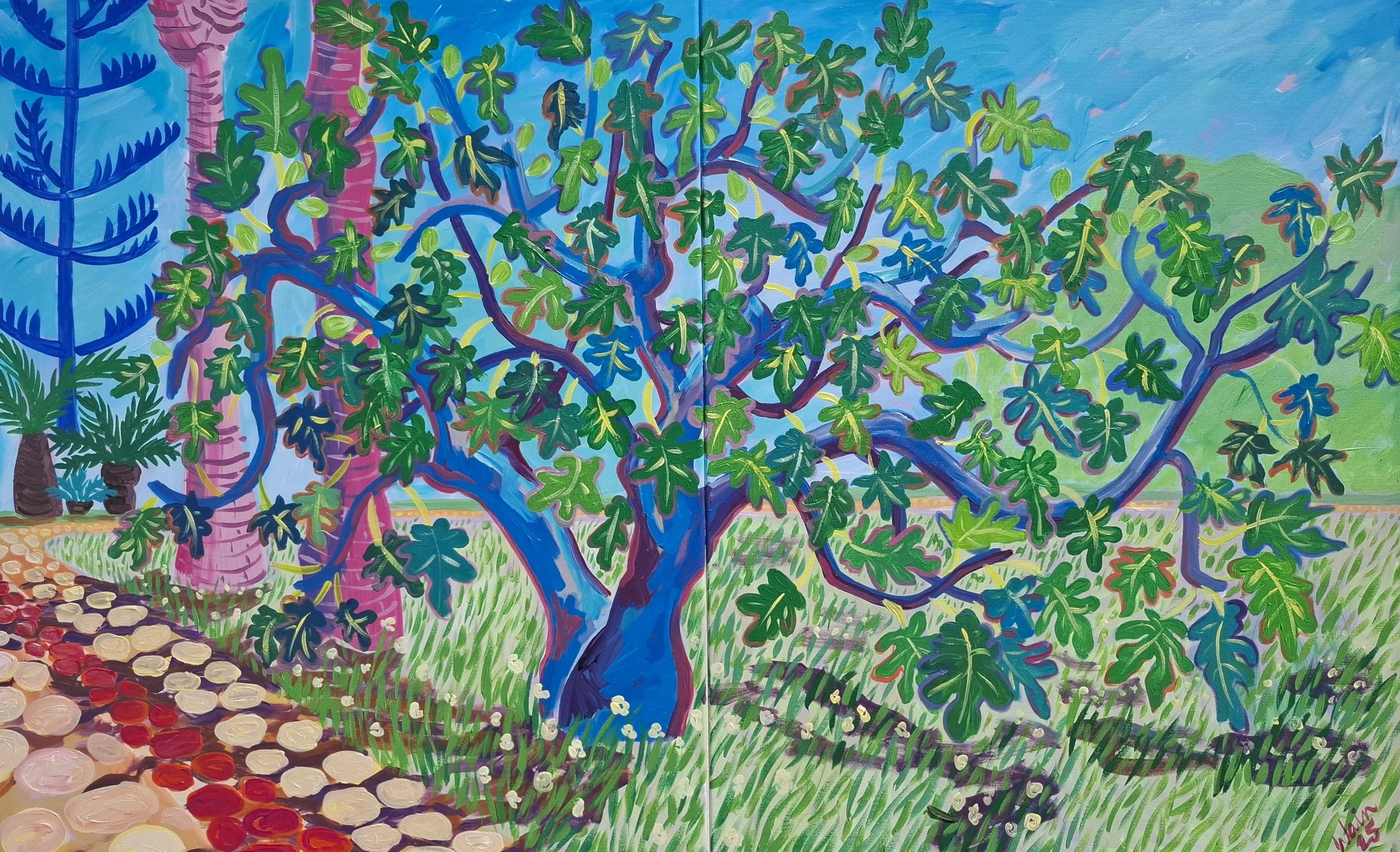 Colorful painting of a fig tree with green leaves and a purple trunk in a garden, with a pathway and other trees in the background.