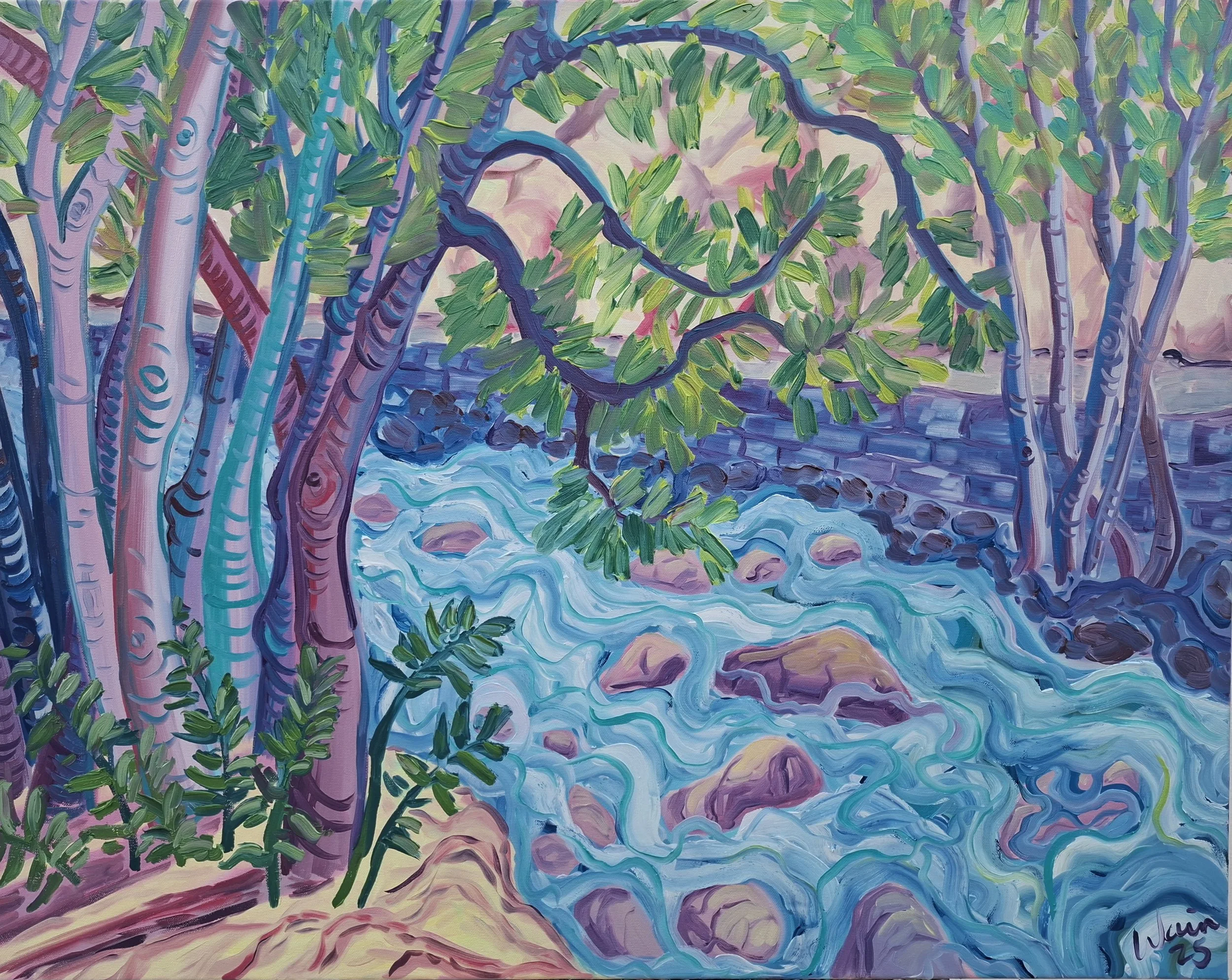 An impressionistic painting of a flowing river with rocks, surrounded by trees with colorful, stylized bark and green foliage.