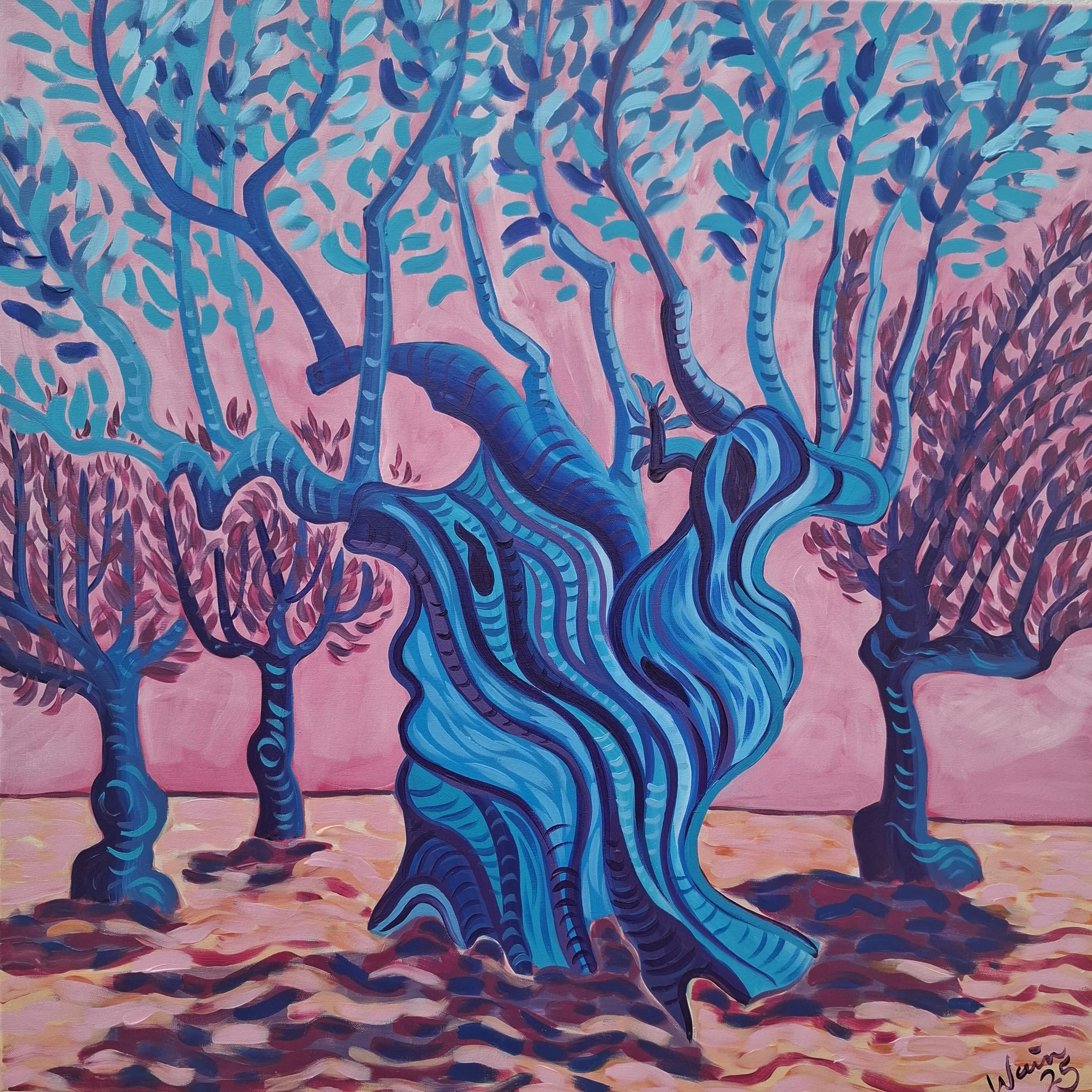 Stylized painting of several trees with twisted, blue trunks and branches, set against a pink sky and warm ground. The trees have blue and light purple leaves.