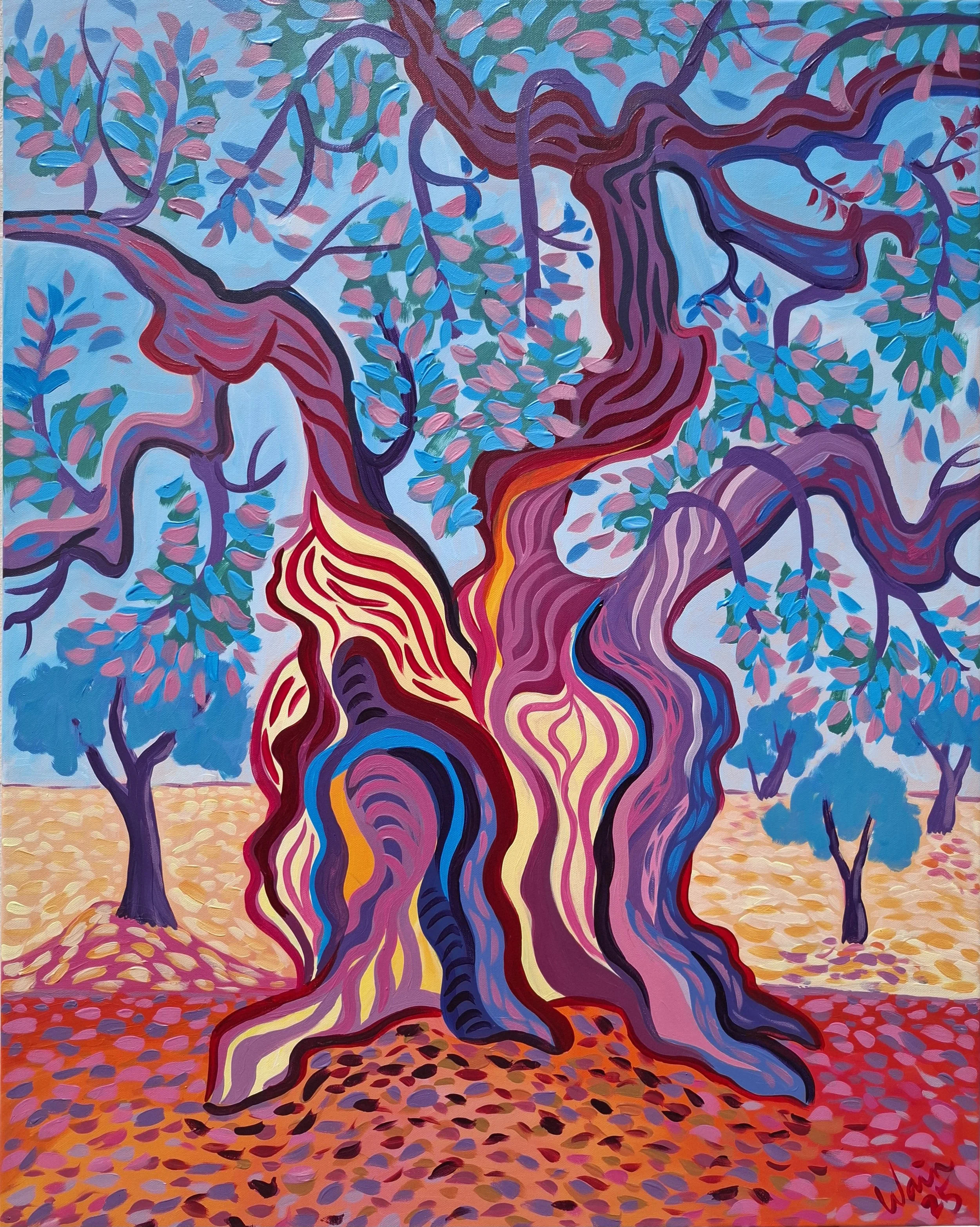 Colorful painting of a large, twisted tree with purple, red, and yellow trunk and branches, blue-green leaves, and a background of sky and other trees, with a ground covered in red and orange foliage.