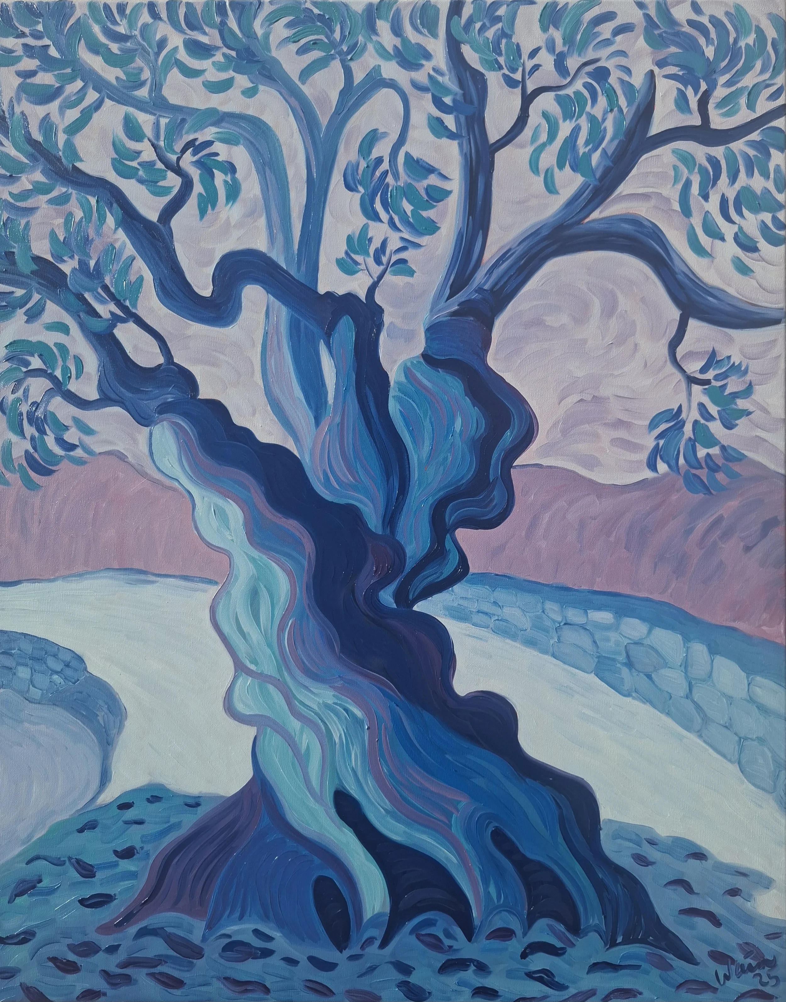 Painting of a blue tree with twisting branches and leaves, set against a landscape with pinkish hills, a stone wall, and a pathway.