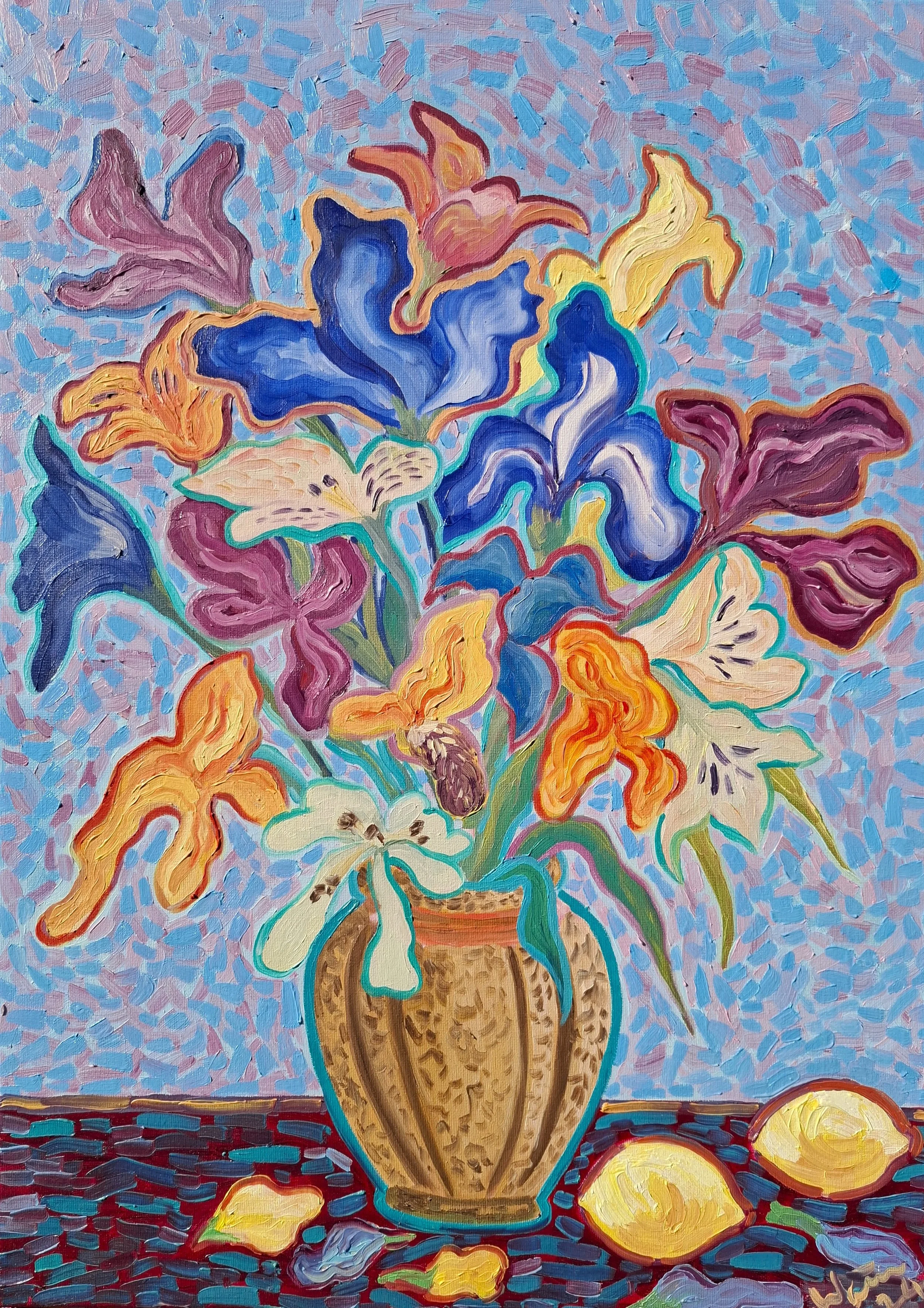 A colorful abstract painting of a bouquet of lilies in a decorative vase with three lemons on a patterned surface.