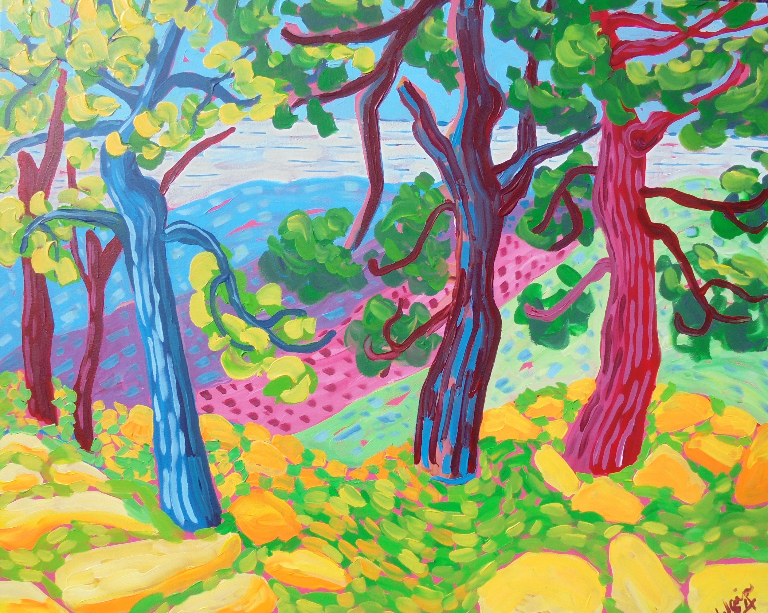 Colorful landscape painting of trees with thick trunks and green foliage, with a pink and purple field and distant blue mountains in the background, painted in an abstract style.