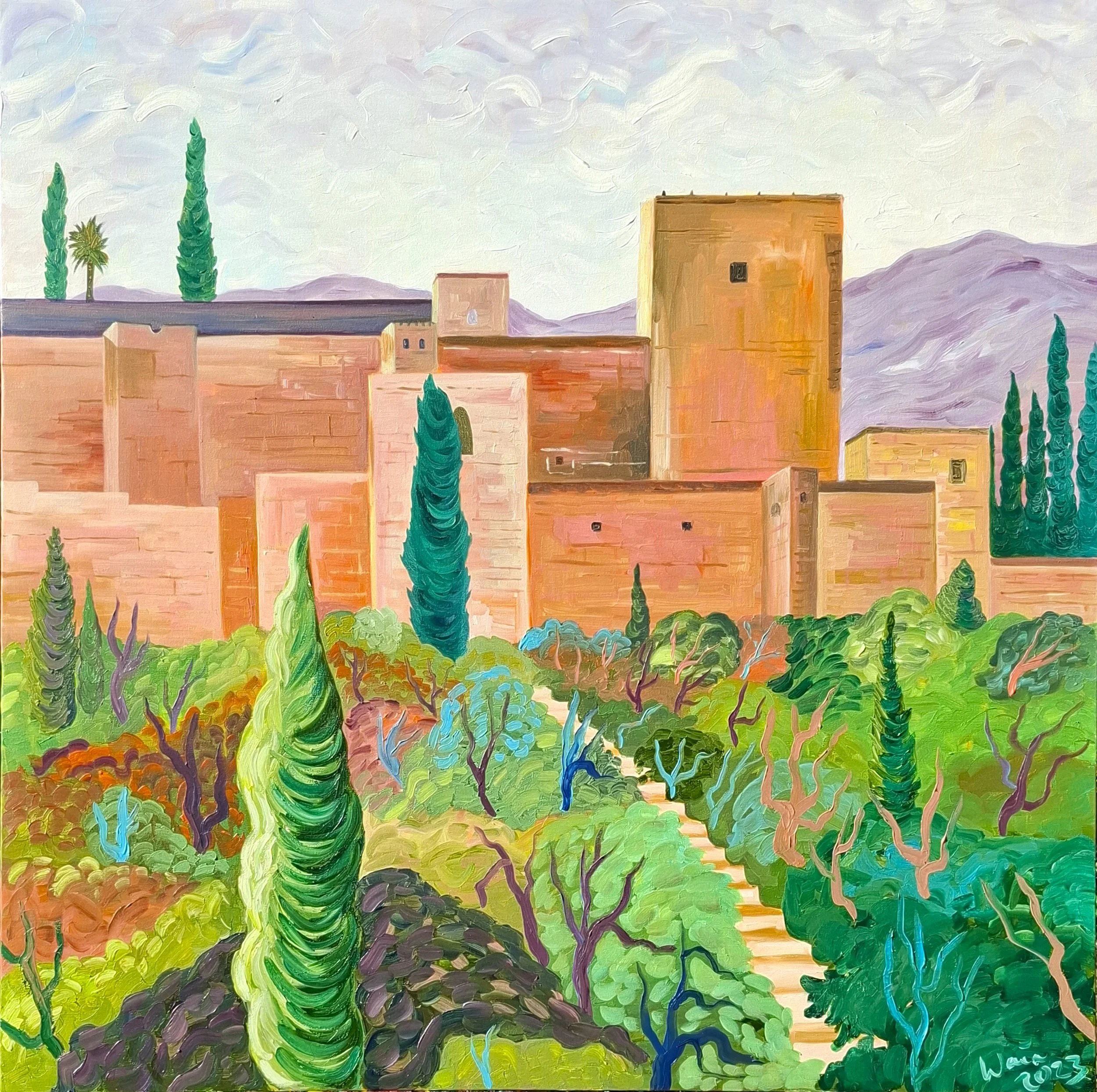 Painting of a hillside landscape with colorful greenery and tall, thin trees in front of a town with brick buildings and mountains in the background.