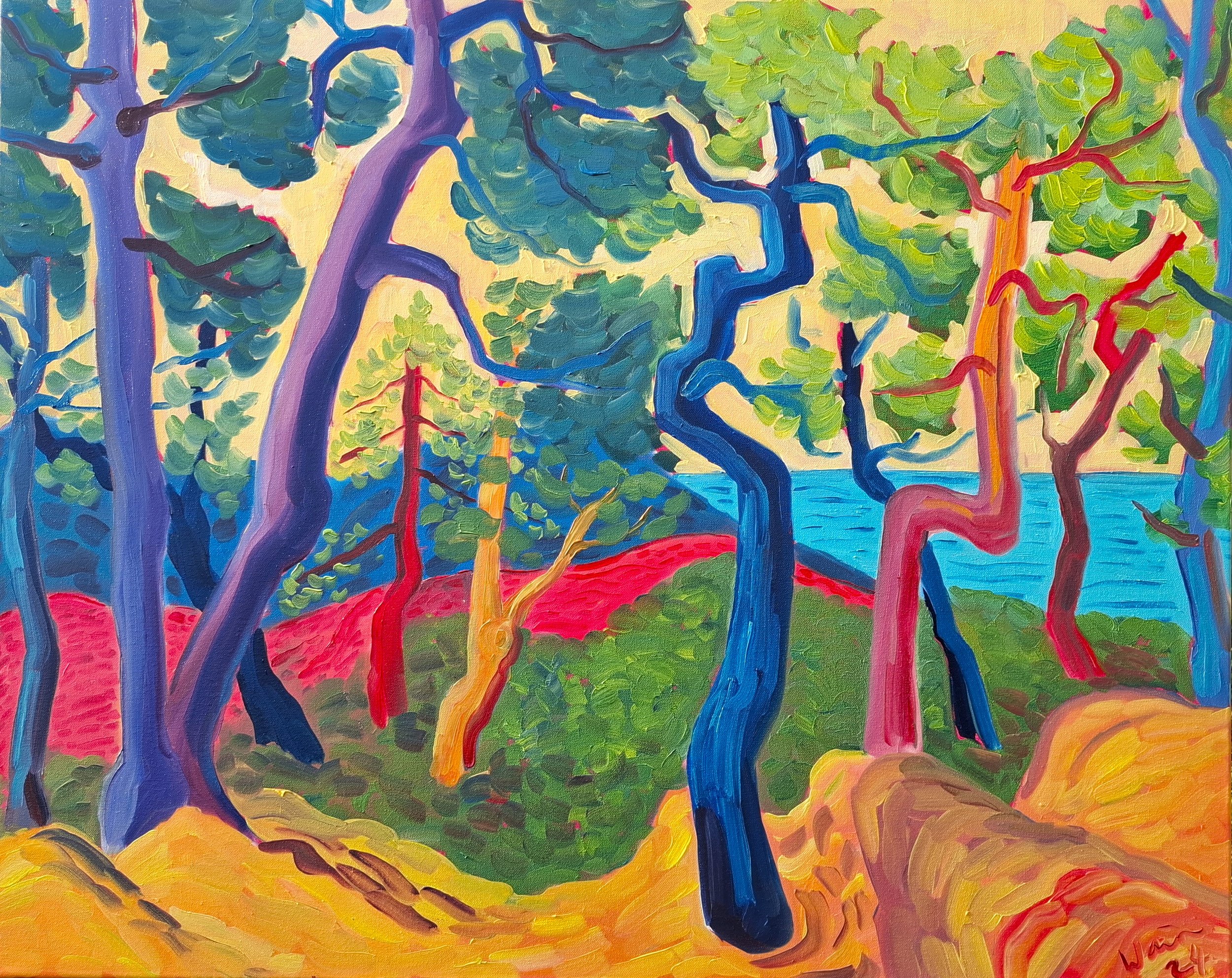 Bright and colorful painting of a lively forest scene with twisted trees in various vibrant colors, including purple, blue, green, red, and yellow, near a body of water in the background.