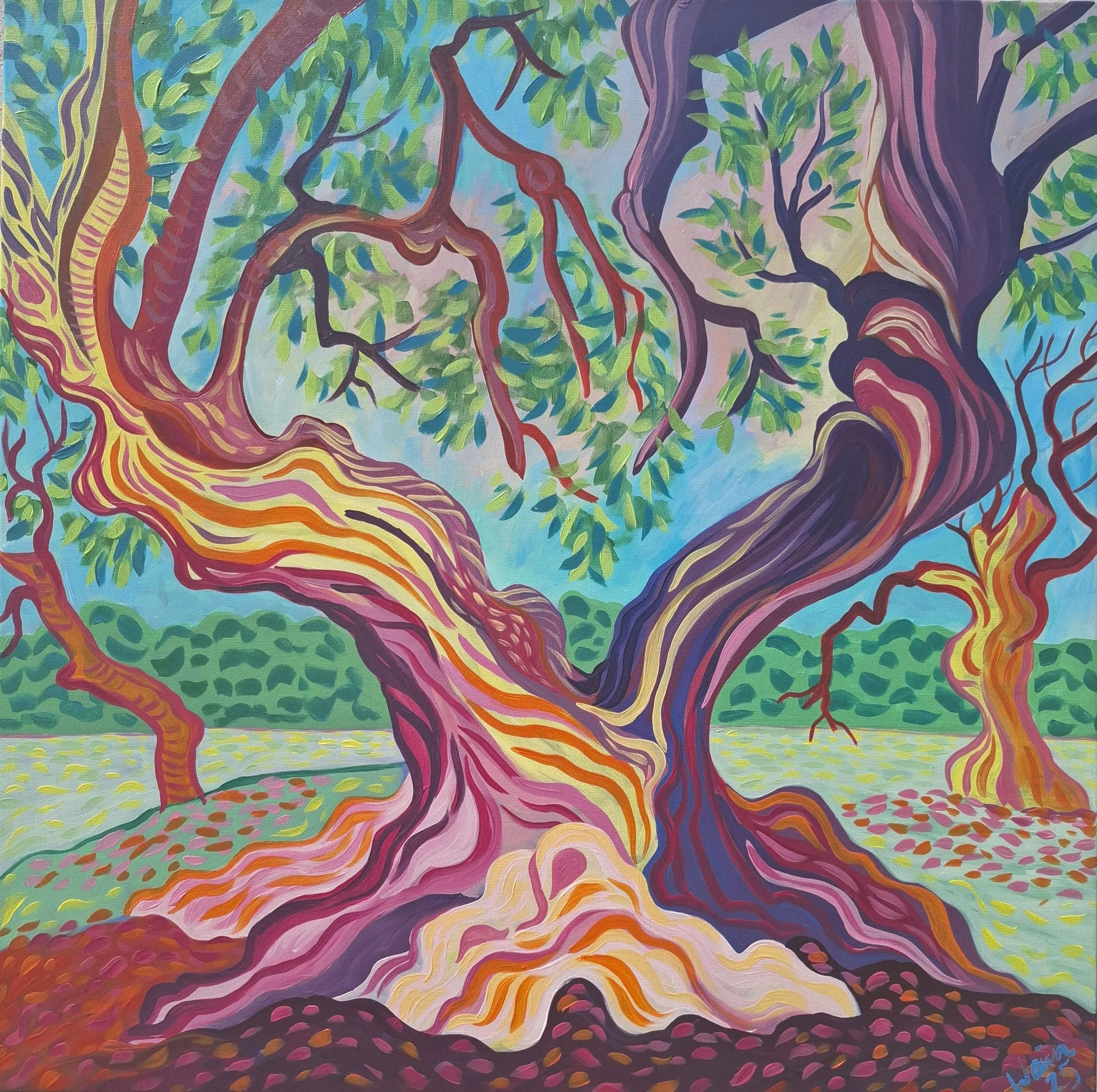 A colorful, abstract painting of a large tree with twisting, vibrant branches and green leaves, set against a background of blue sky and distant greenery.