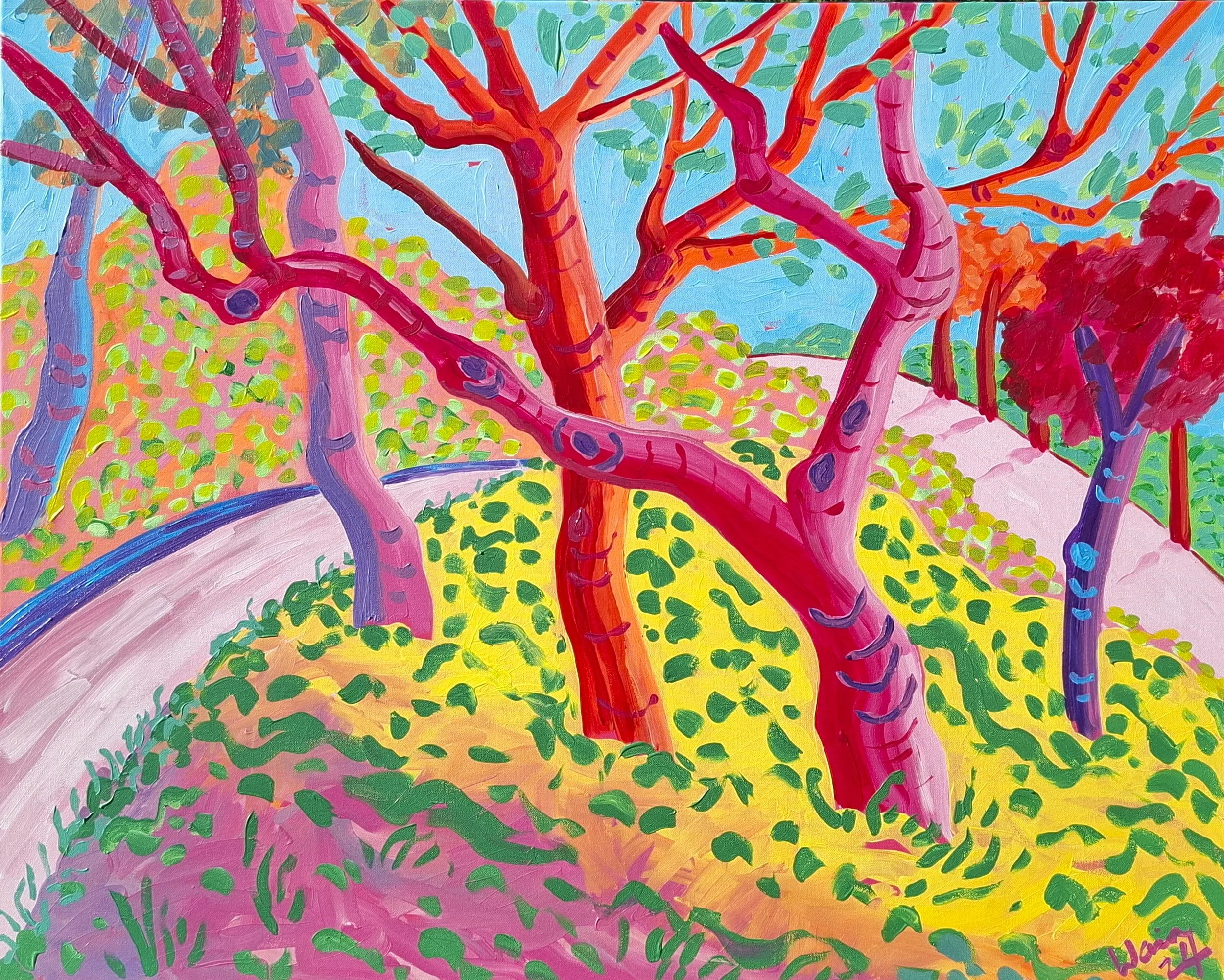 Colorful painting of a park scene with several trees, a winding pathway, and greenery in shades of pink, purple, yellow, and green.
