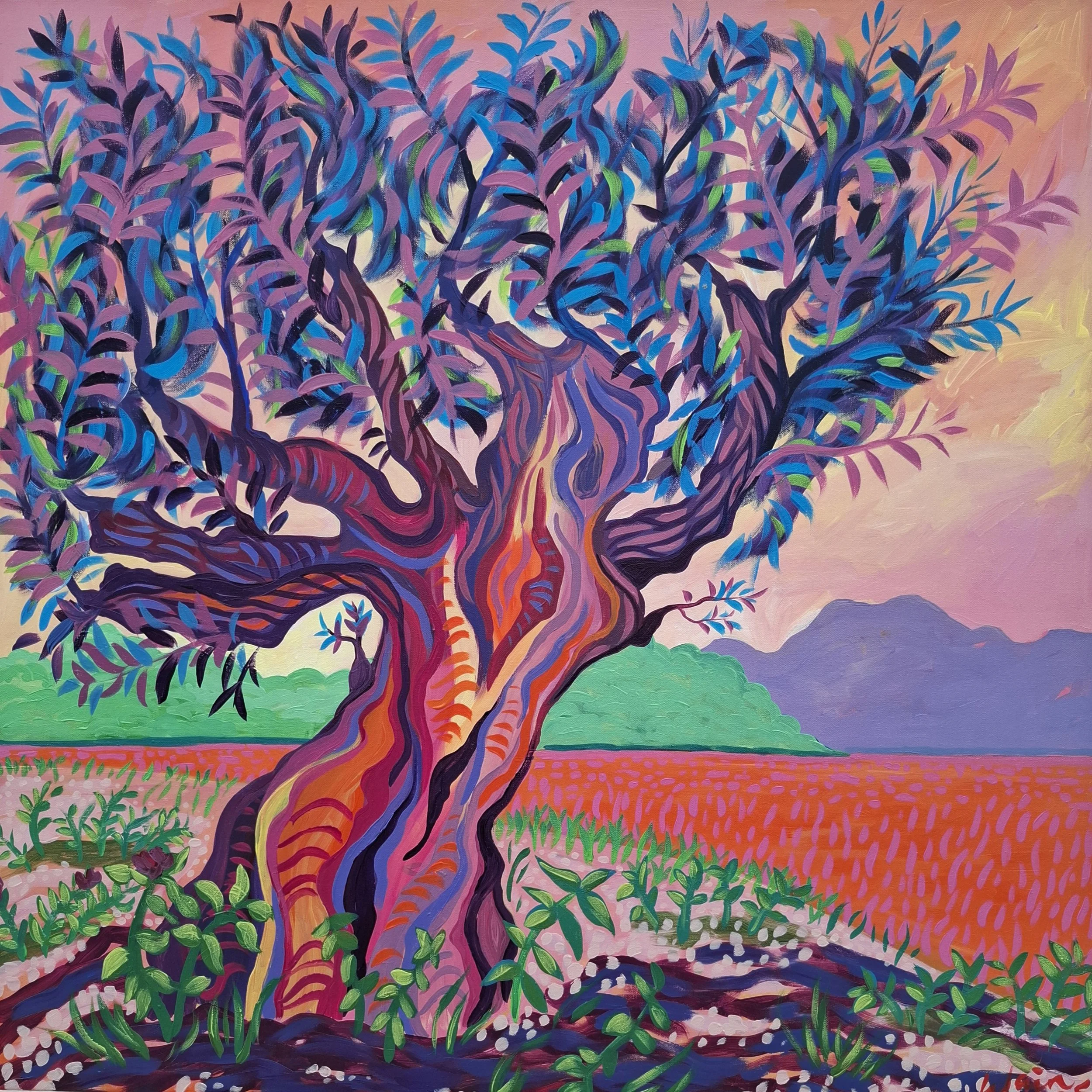 Colorful abstract painting of a large tree with twisting trunk and purple and blue leaves, set in a vibrant landscape with distant mountains, green bushes, and a pinkish sky.