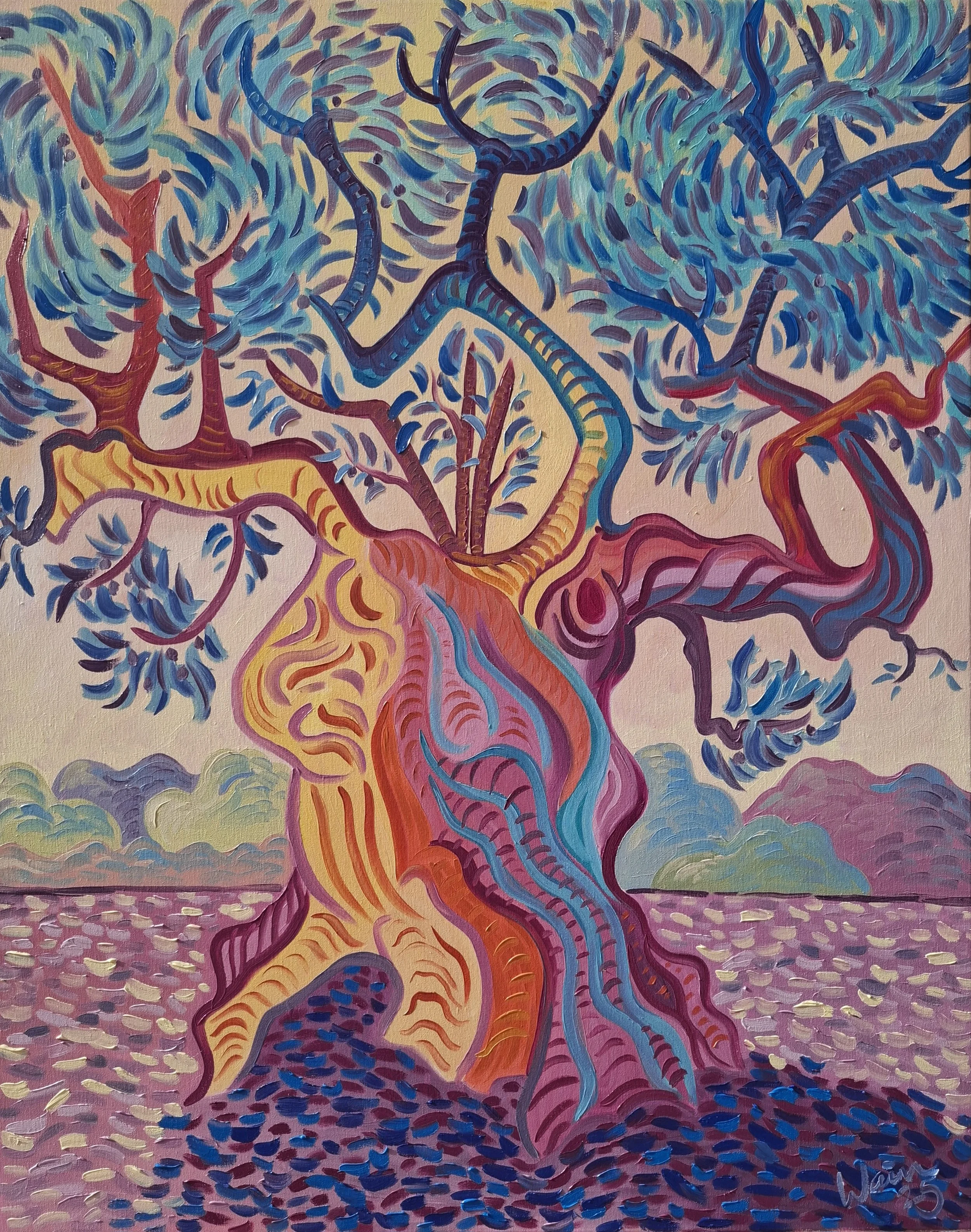 Colorful abstract painting of a twisting, vibrant tree with swirling branches and leaves, set against a landscape with mountains and sky.