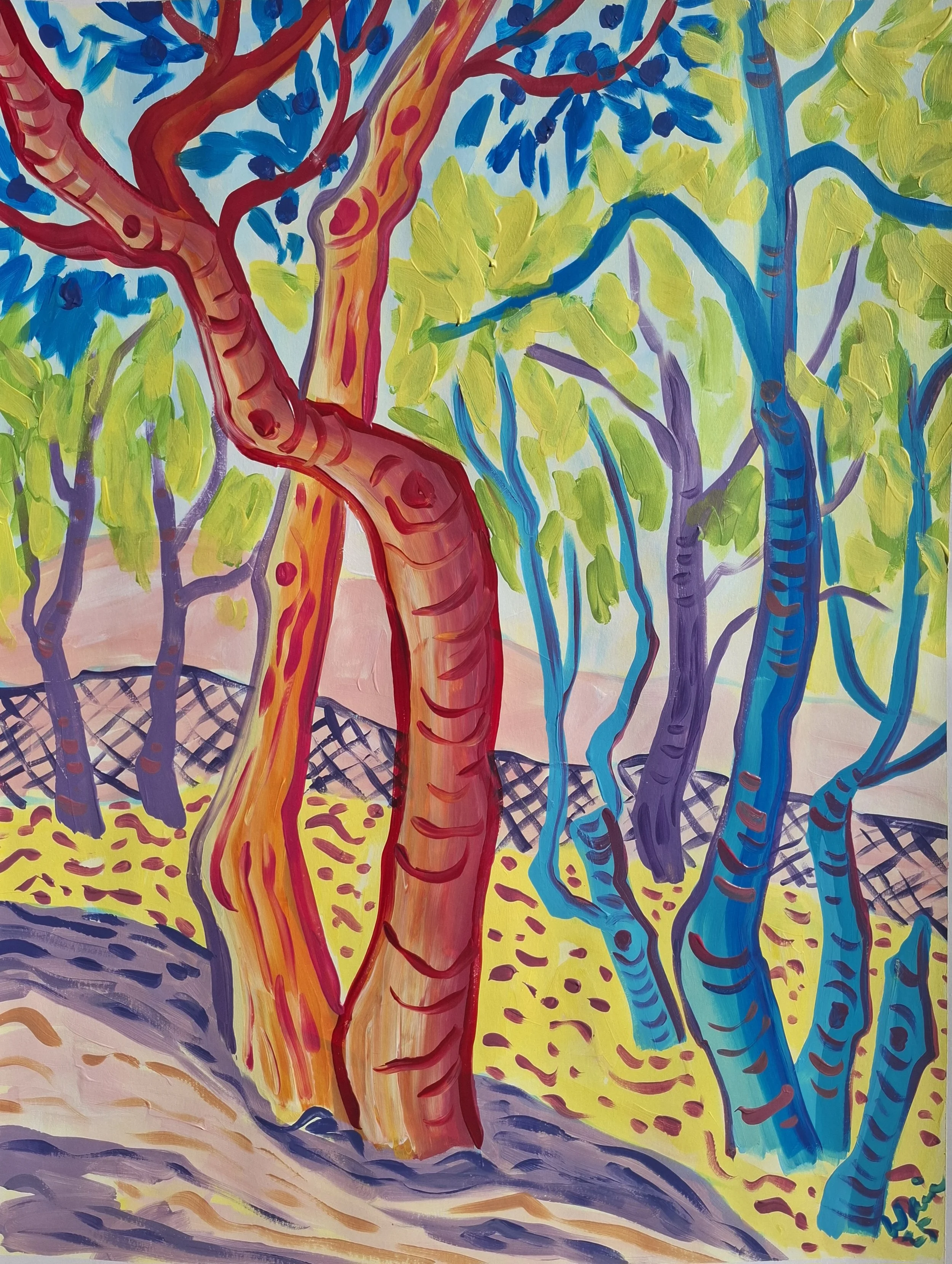 Colorful painting of trees with twisted trunks and green leaves, set against a bright sky with a distant fence.