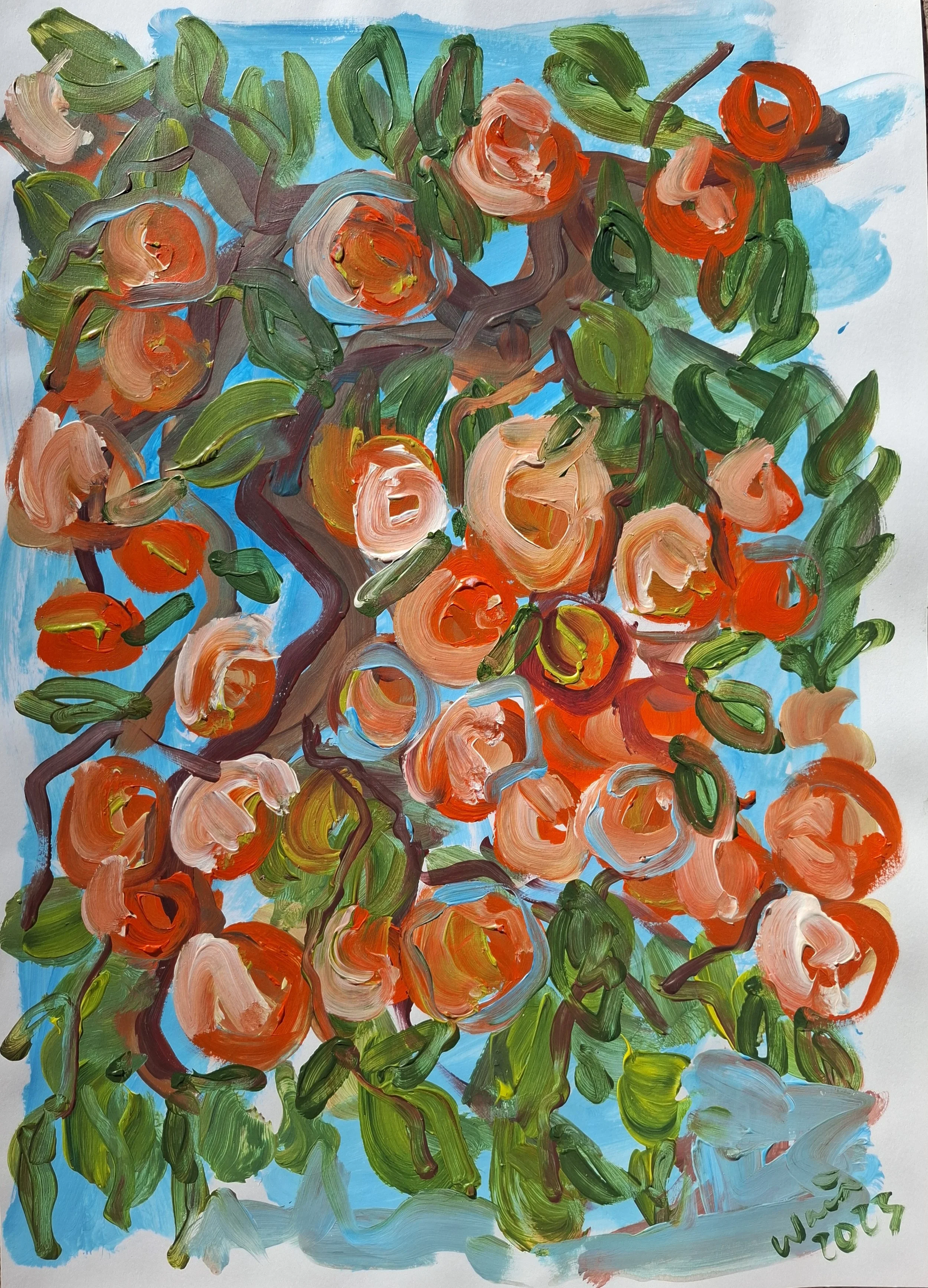 Abstract painting of a flowering tree with orange roses, green leaves, and brown branches against a bright blue sky background.