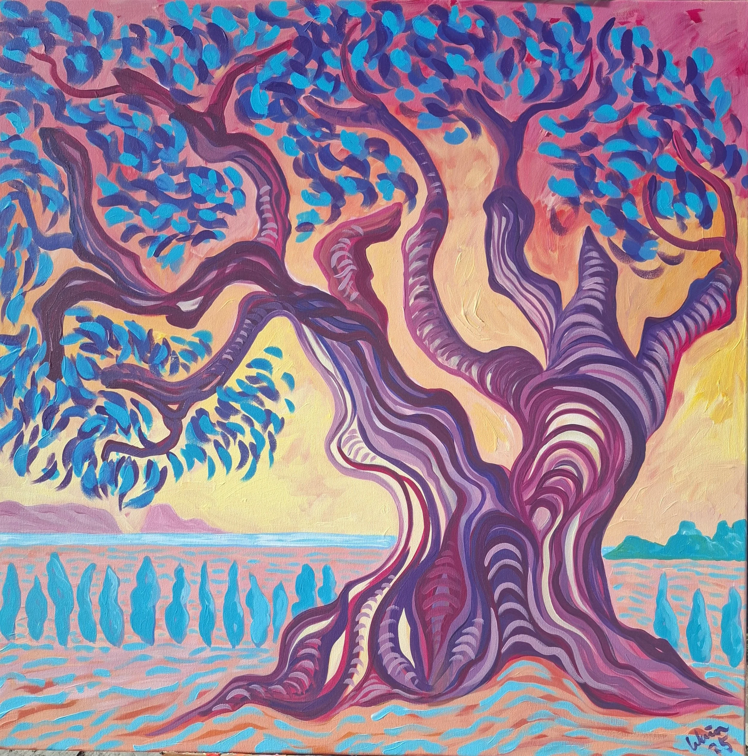 Painting of a colorful, stylized tree with twisting branches and purple trunk, set against a pastel pink, yellow, and orange sky, with a body of water and distant land in the background.
