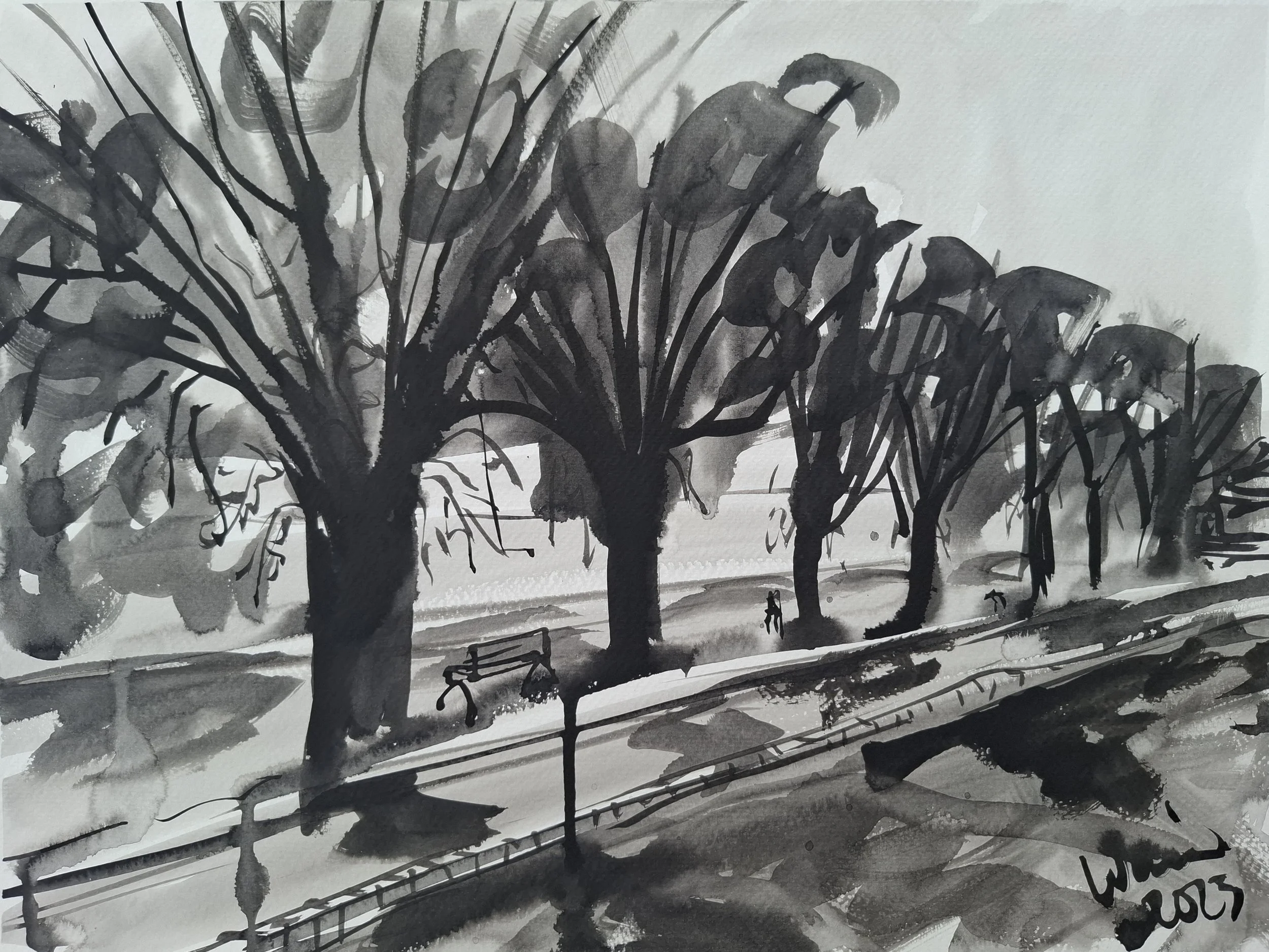 Row of Jacarandas, Marbella 2023, Indian Ink