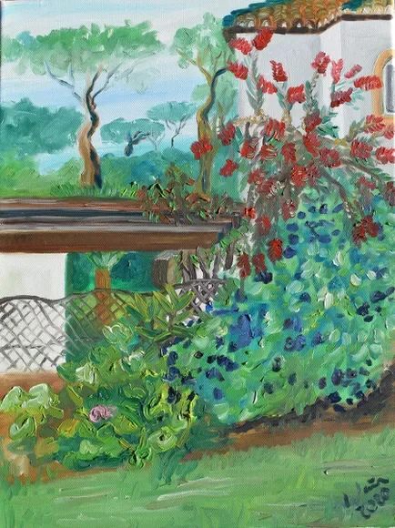Colorful watercolor painting of a garden scene with trees, bushes, a white building, and a wooden fence.