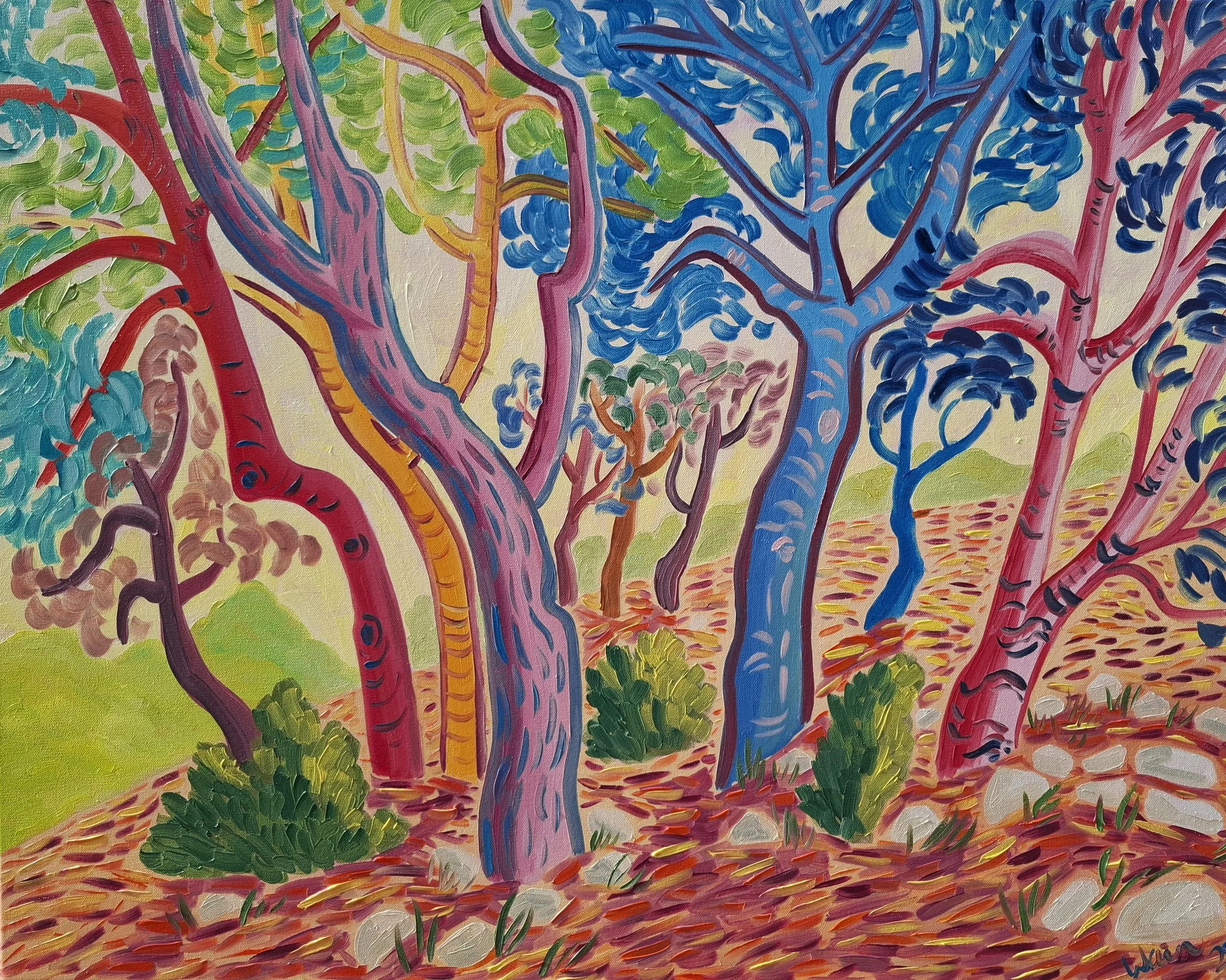 Colorful painting of a forest with trees in pink, purple, blue, and green, and fallen leaves on the ground in shades of red, orange, and yellow.
