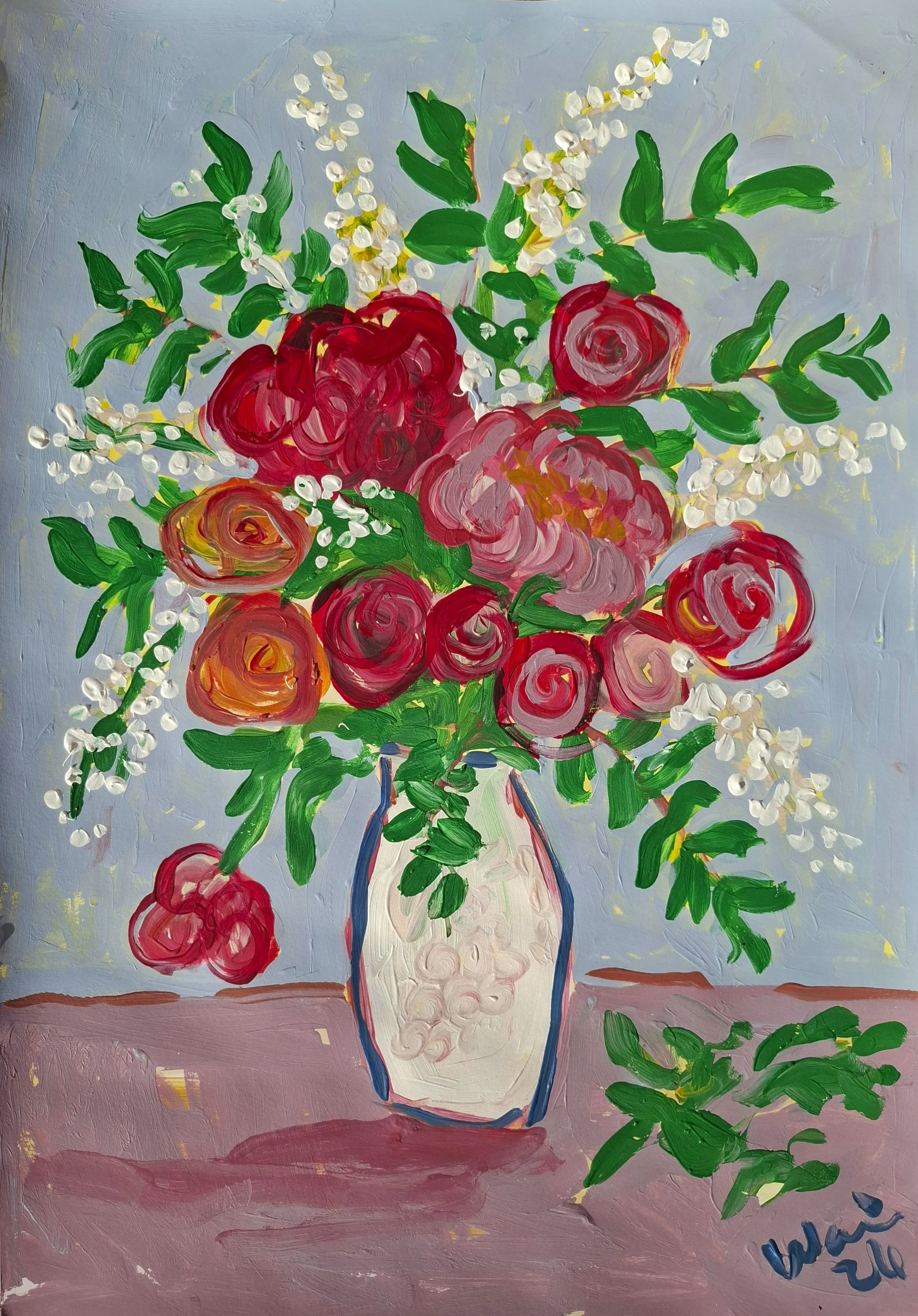 A colorful painting of a bouquet of flowers in a white vase on a pink table, with green leaves and white accents on a light-colored background.