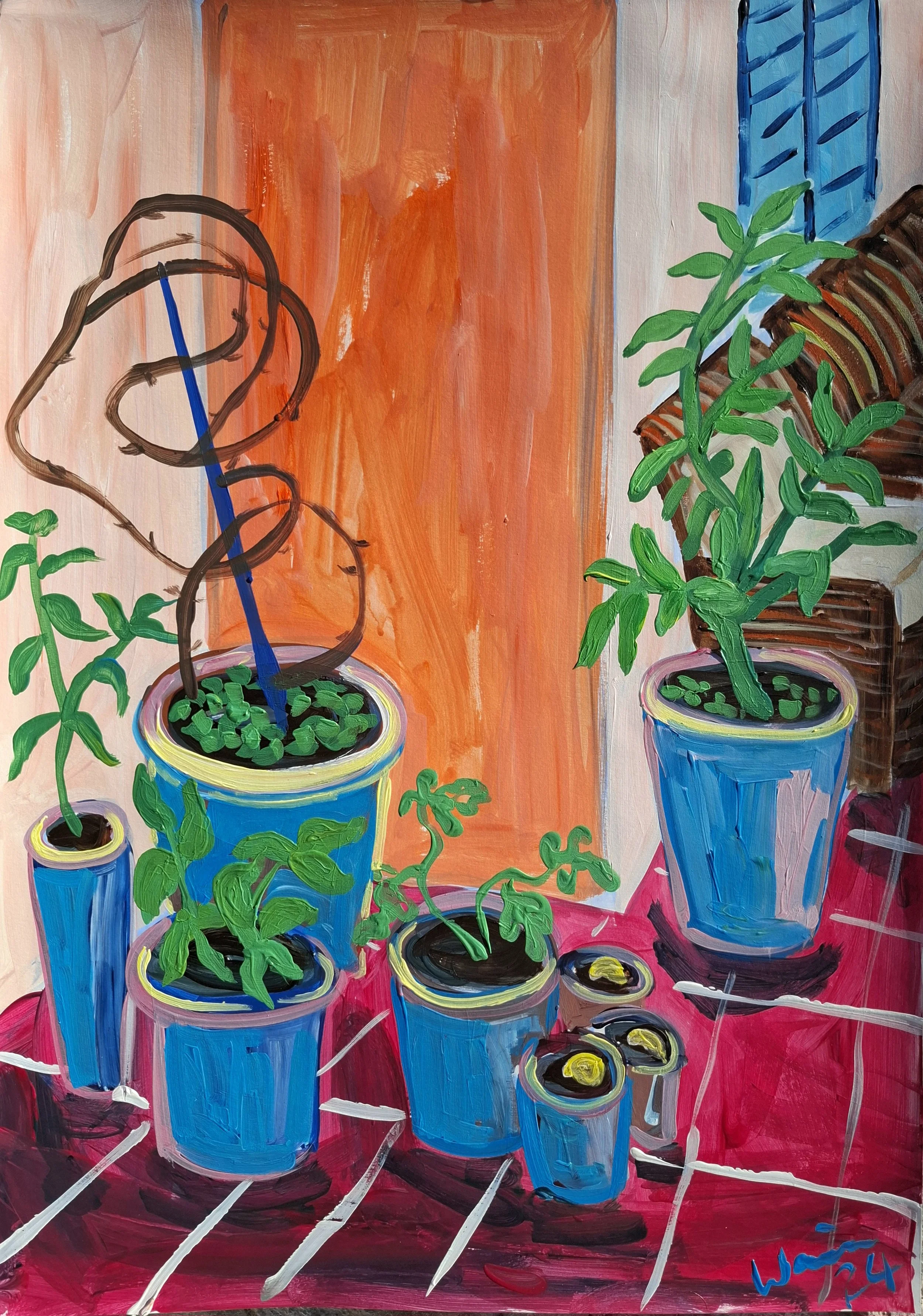 A colorful painting of several potted plants and herbs on a red tiled surface, with a warm background of orange and pink hues.