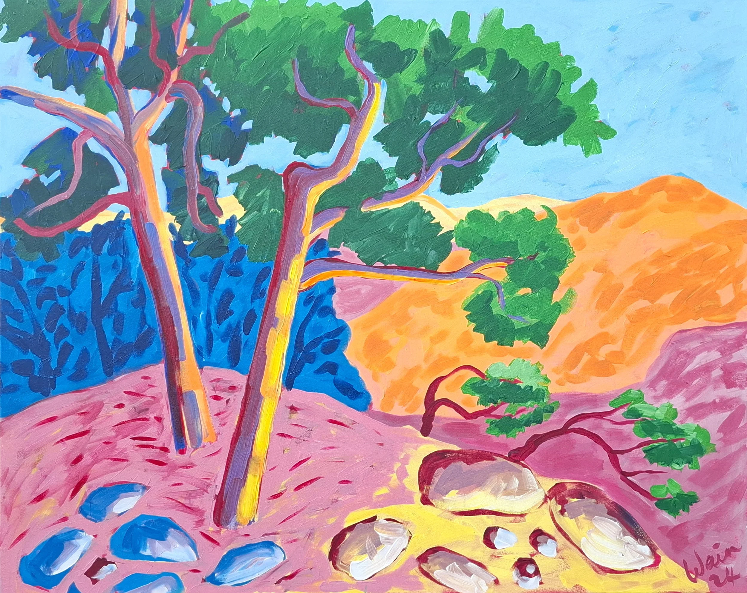 A colorful painting of a landscape with a tree featuring green leaves and multicolored trunk, set against pink ground and distant orange and yellow hills under a blue sky.