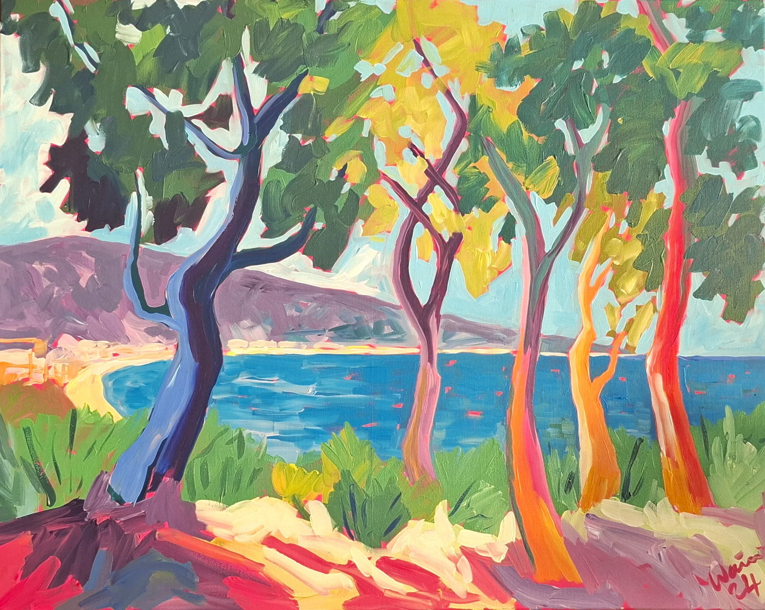 Bright impressionistic painting of a lakeside scene with five colorful trees with green and yellow leaves in the foreground, a blue lake with pink reflections, and distant mountains under a light sky.