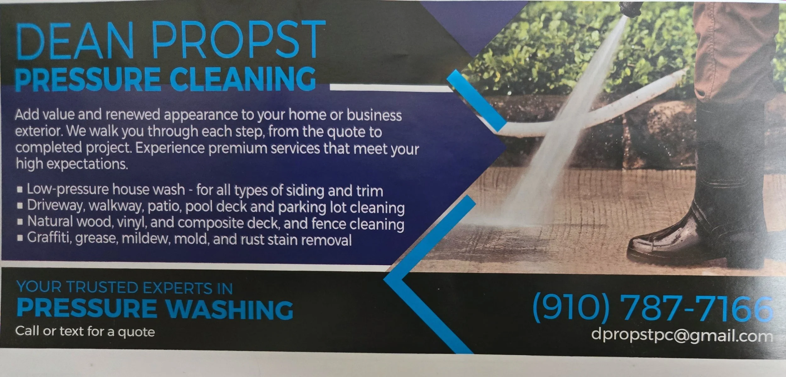 Advertisement for pressure washing services by Dean Propst, featuring a person using a pressure washer to clean a wooden surface, with text listing services offered such as house wash, driveway, and deck cleaning, along with contact information.