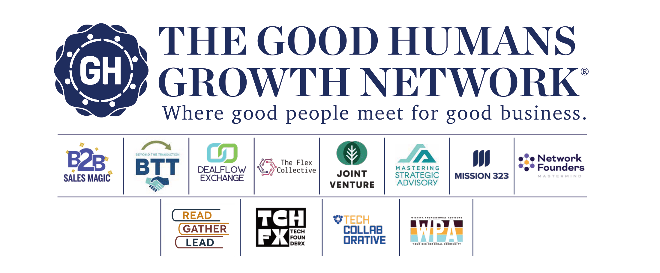 Logo of The Good Humans Growth Network with the tagline 'Where good people meet for good business,' accompanied by various partner logos and icons related to business and networking.