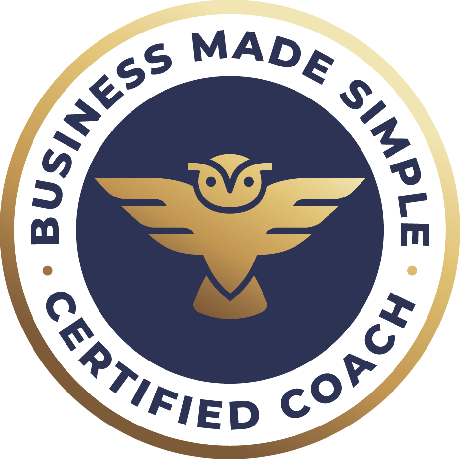 Business made simple certified coach badge with a gold owl logo on a navy circle, surrounded by a white border with navy text.