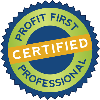 Badge with green and dark blue borders displaying 'Profit First Certified Professional'