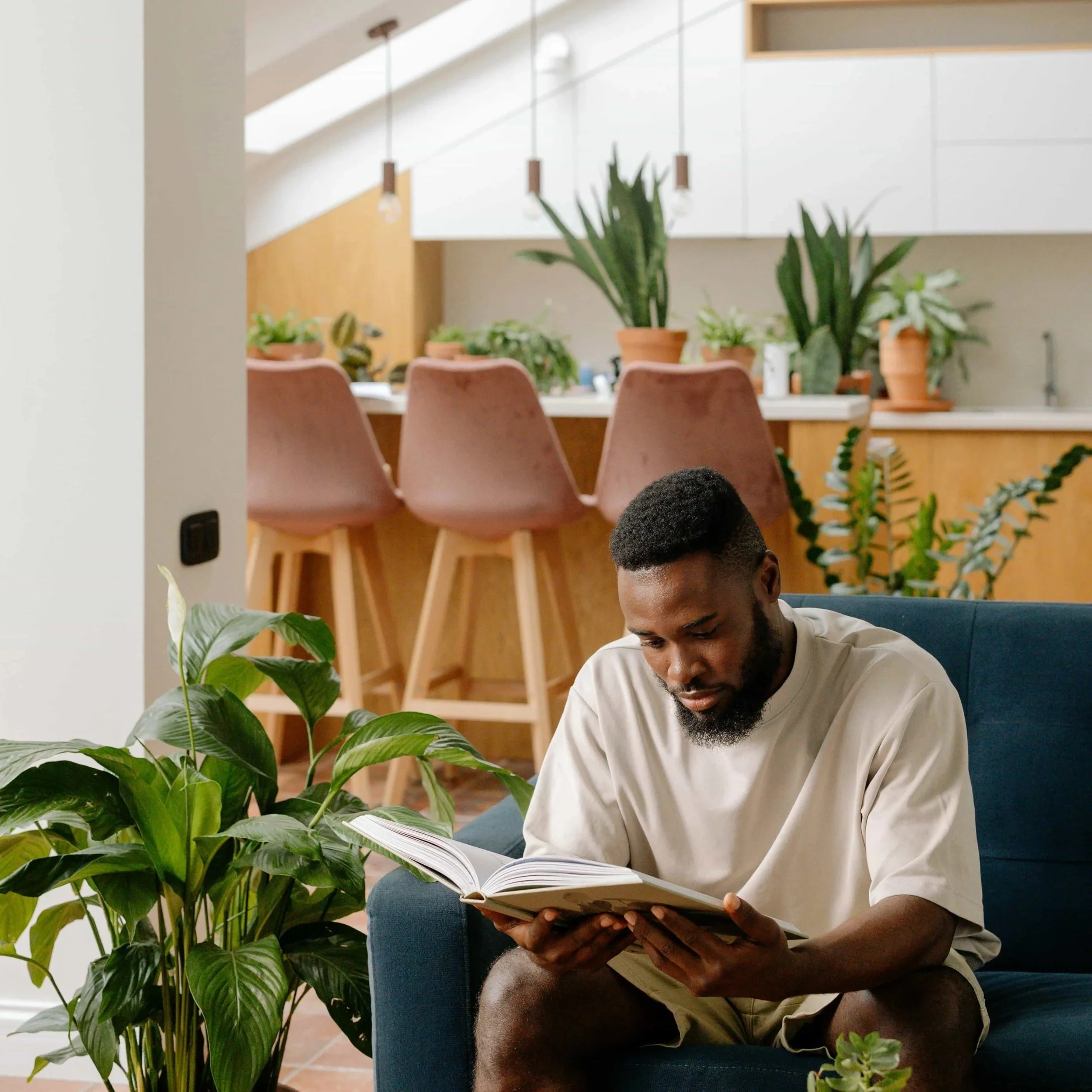 Young man with a beard sitting on a blue couch, reading a book, surrounded by green houseplants in a modern interior with white walls and wooden accents.
