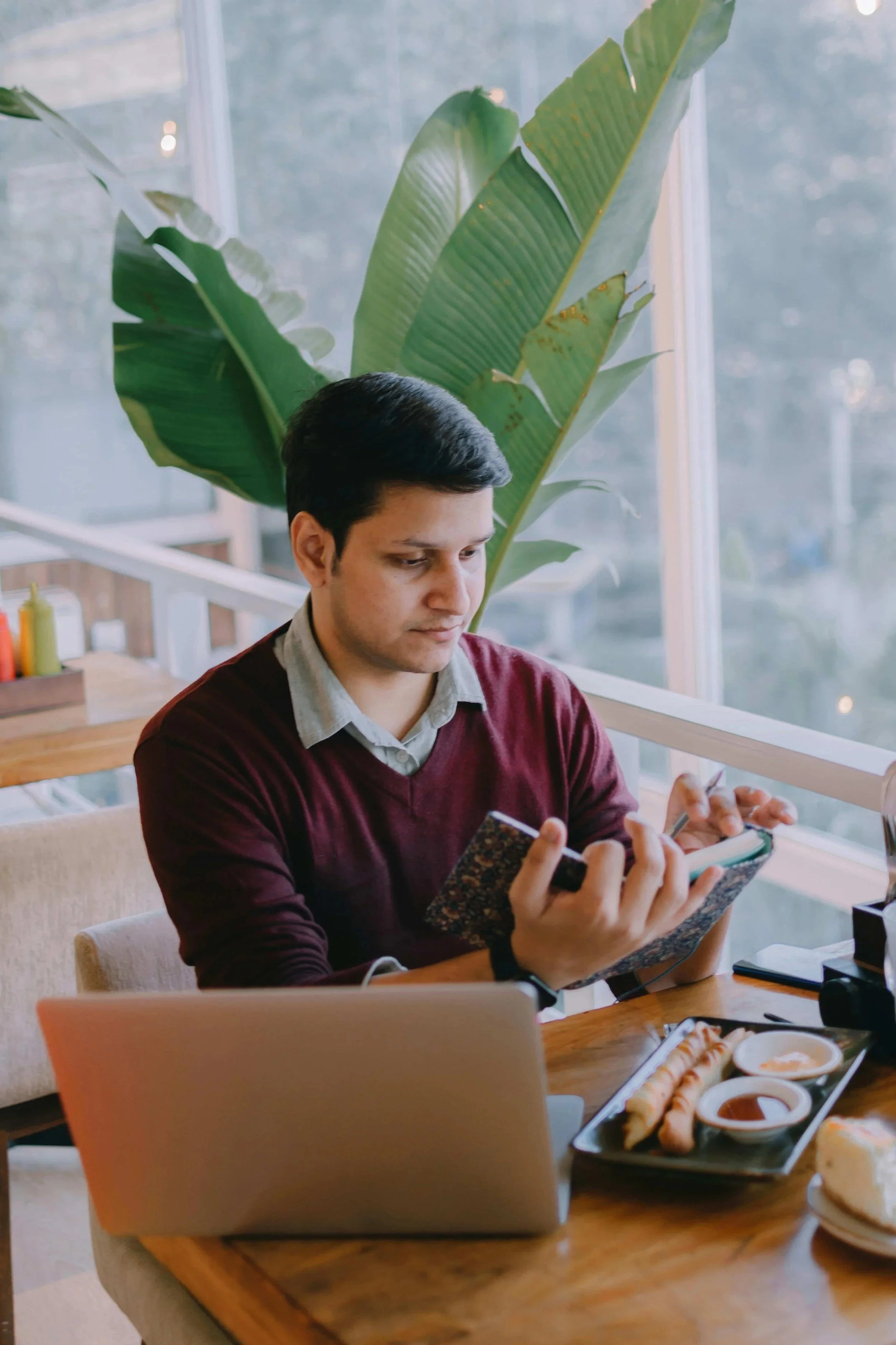 A man sitting at a wooden dining table with food, looking at his phone. Behind him is a large green plant and a window.