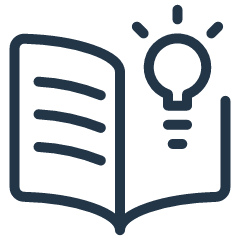 An outline of an open book with a lightbulb above it, symbolizing ideas or knowledge.