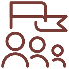 Line drawing of a flag above three abstract human figures, representing a rally or protest.