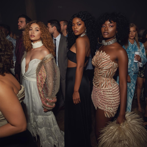 Three women with different skin tones and elaborate hairstyles standing in a crowd at an indoor event or party.