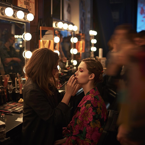 Makeup artist applying makeup to a woman seated in front of a mirror with lights at a backstage or dressing room