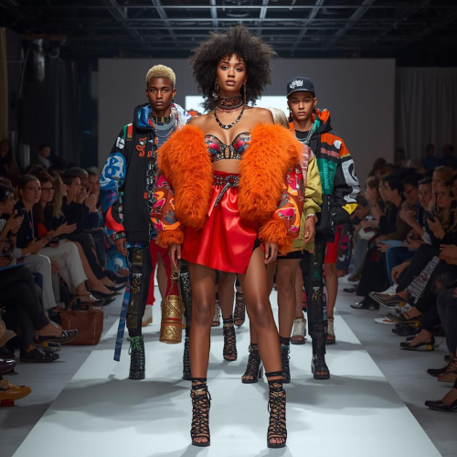 Diverse fashion models wearing jewel toned streetwear on a runway in an intimate fashion show
