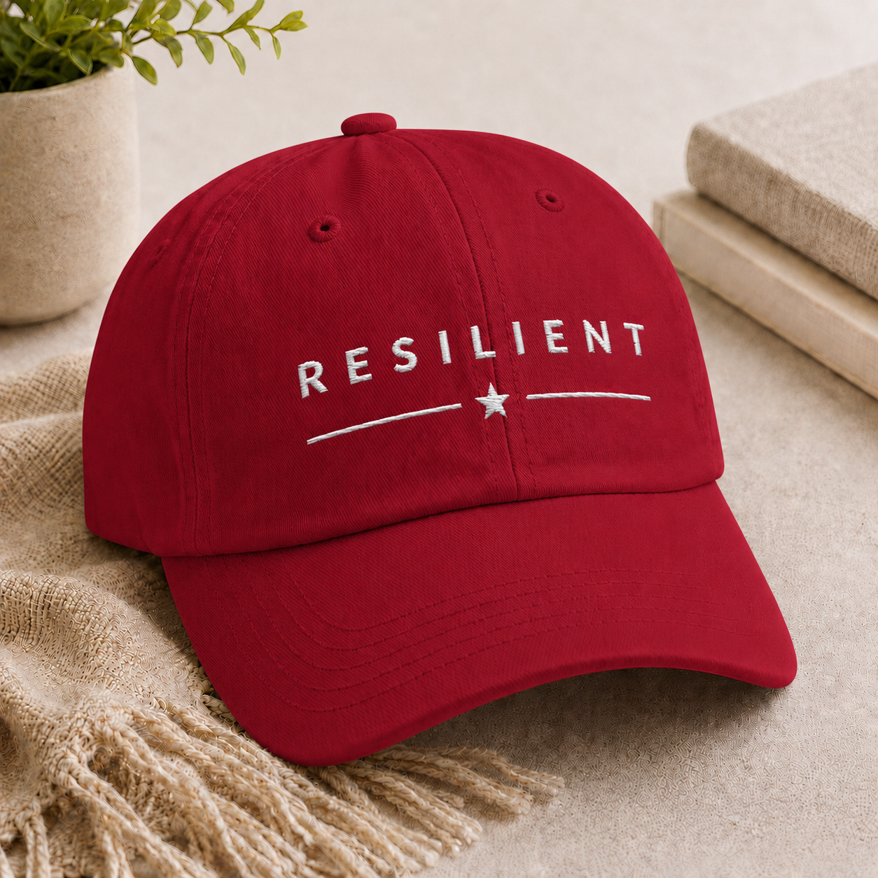 RESILIENT™ White Embroidery on Red Baseball Cap