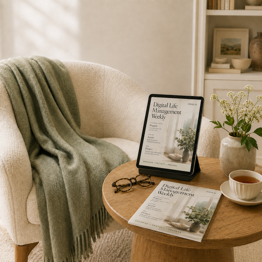 Living room with a cozy beige armchair and a green blanket, a round wooden table with eyeglasses, a digital device displaying 'Digital Life Management Weekly', a cup of tea, a magazine with the same title, a vase with white flowers, and a white bookshelf in the background.