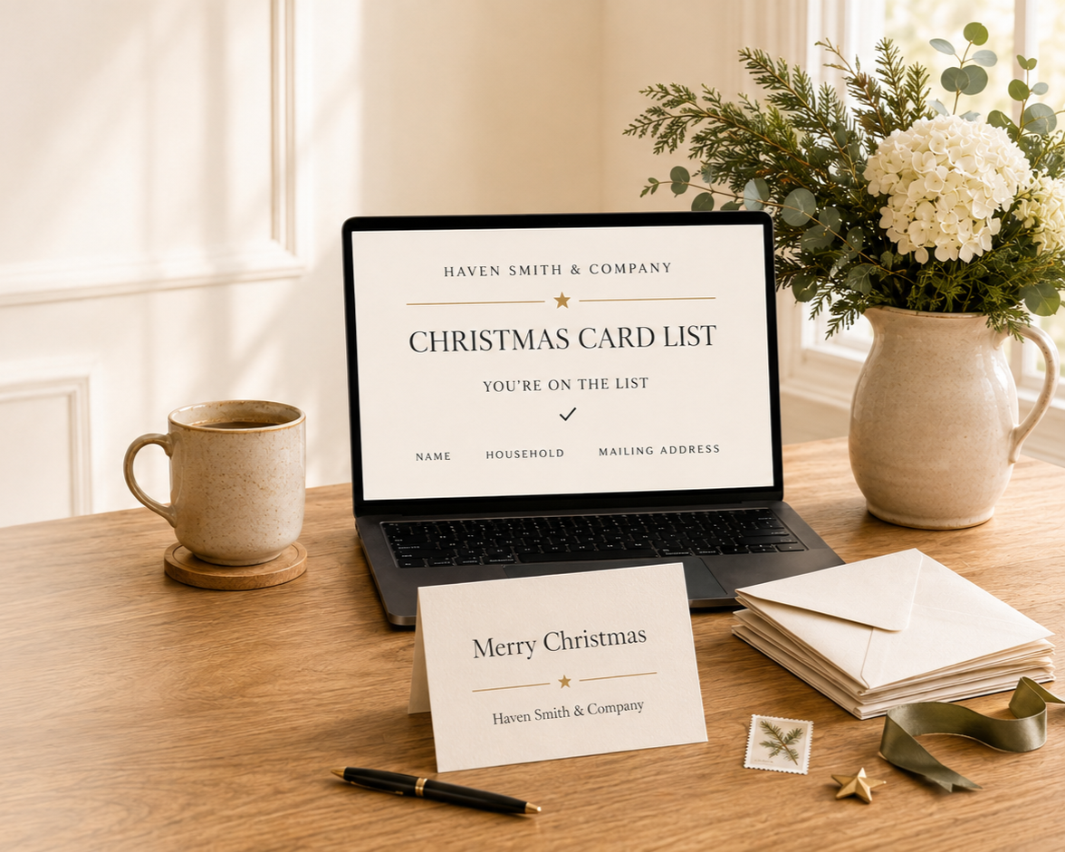 A workspace with a laptop displaying a holiday-themed Christmas card list, a mug, a stack of envelopes, a handmade Christmas card that reads "Merry Christmas", a black pen, a small Christmas ornament, and a vase of white flowers and greenery.
