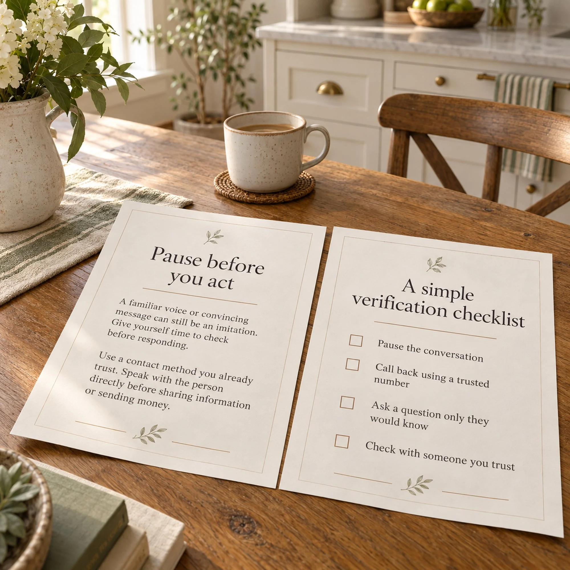 3 Two pages from the fraud guide, pause before you act and a simple verification checklist.jpg