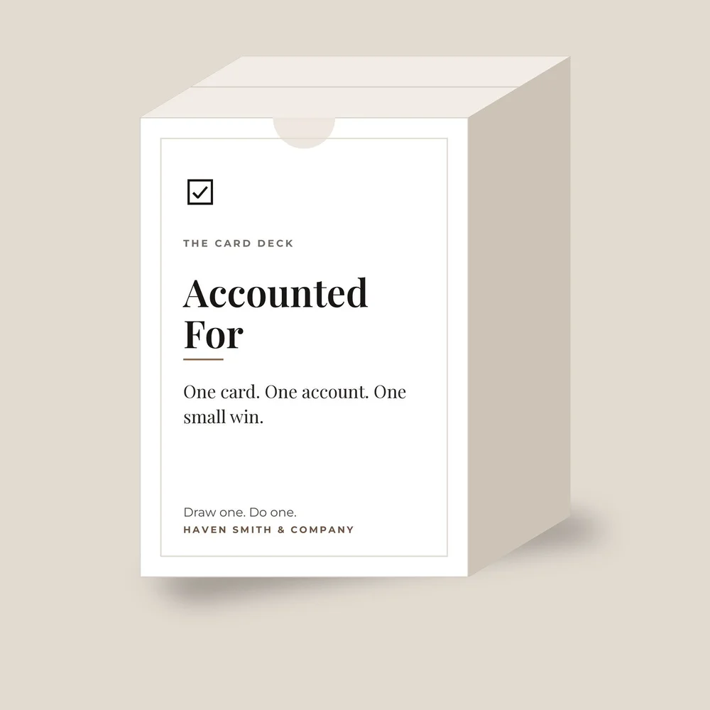 The Accounted For card deck in its tuck box.