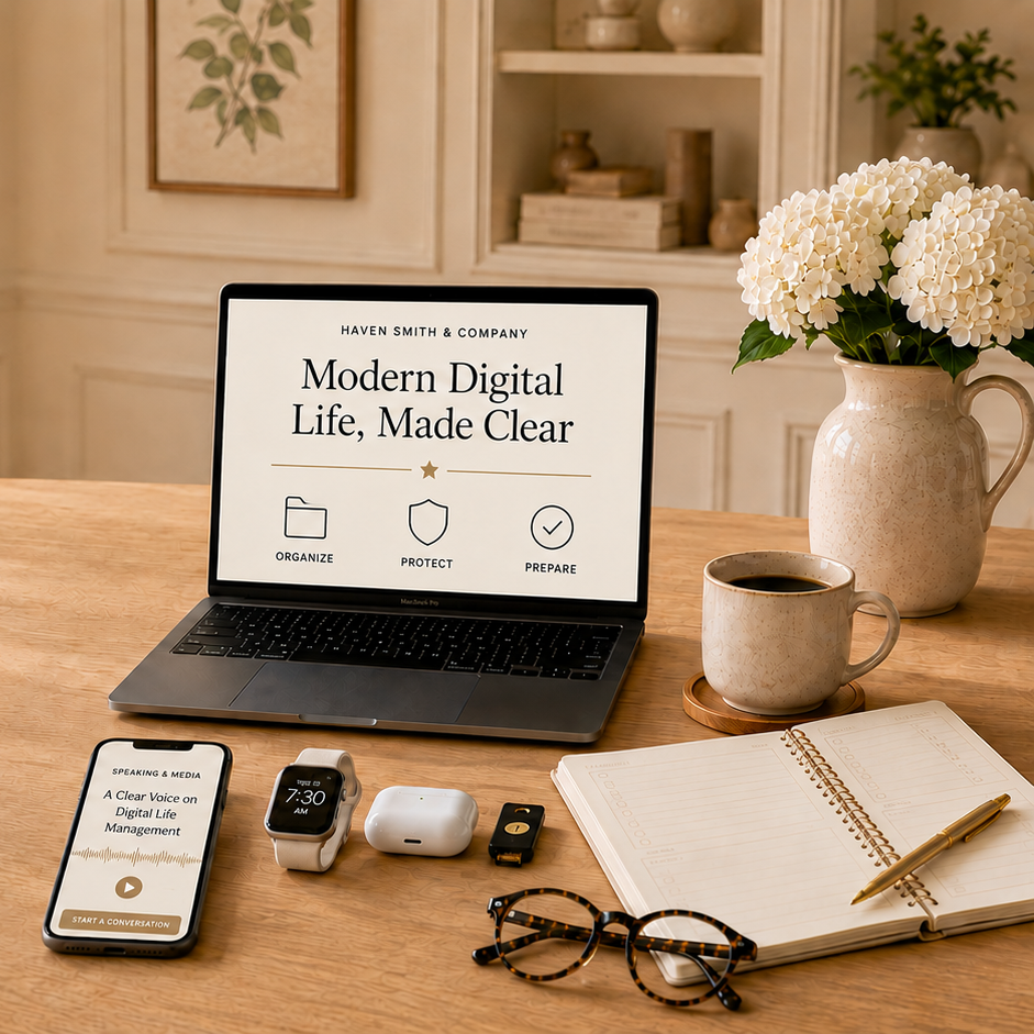 A workspace with a laptop displaying 'Modern Digital Life, Made Clear' and icons for organize, protect, and prepare. On the desk are a smartphone, a smartwatch, a pair of wireless earbuds, a key fob, a notebook with a gold pen, a cup of coffee, glasses, and a vase with white flowers. In the background, there's a bookshelf with decorative items and a framed art piece.