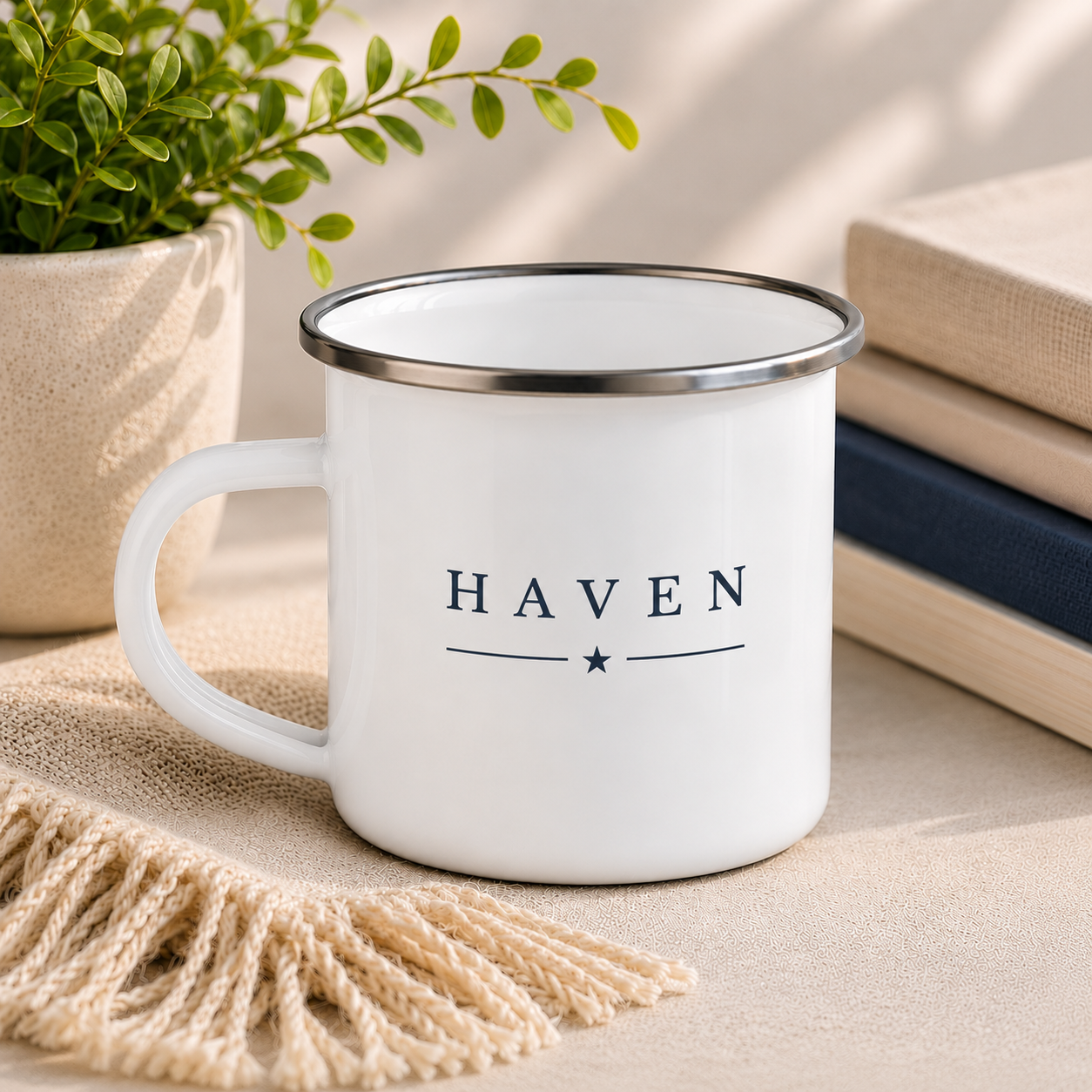 HAVEN™ Navy on White Enamel Mug