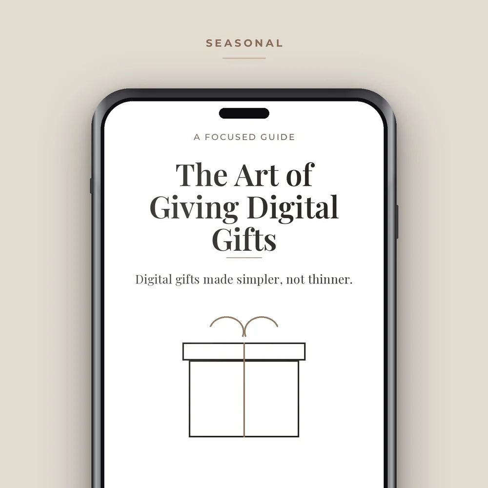 The Art of Giving Digital Gifts on a phone screen, with a line drawing of a gift box.