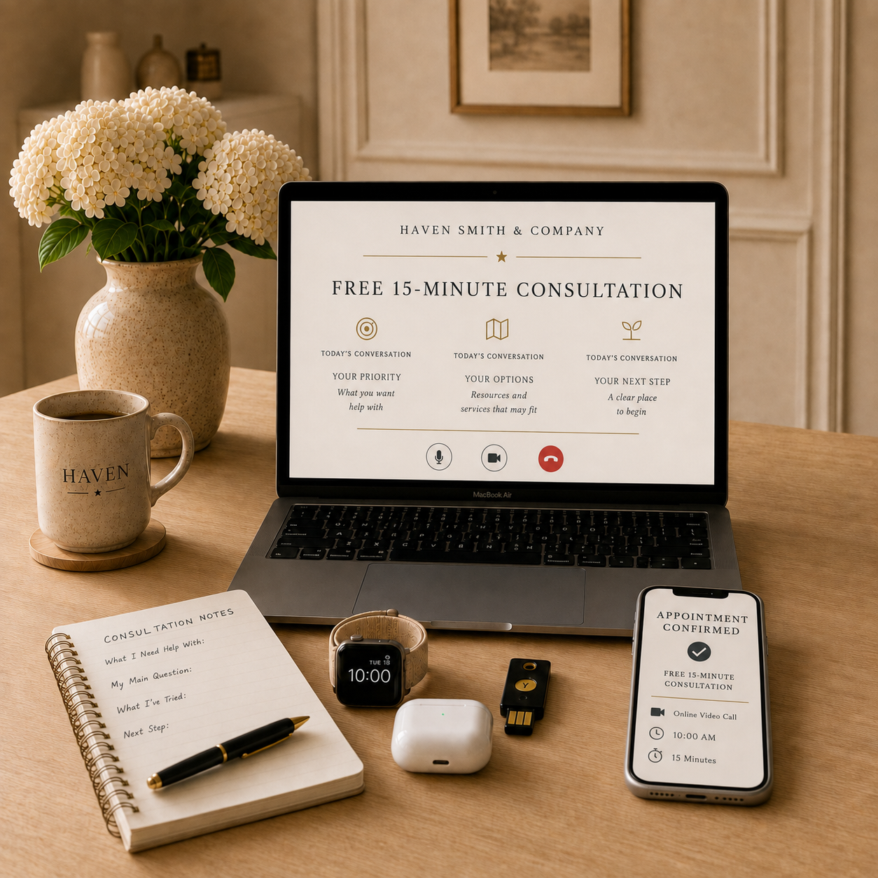 A workspace with a MacBook Air displaying a consultation scheduling app, a smartphone with appointment details, a coffee mug, a vase with white flowers, an Apple Watch, AirPods case, an external drive, a consultation notes notebook, a pen, and a small Wi-Fi device, all placed on a wooden table.