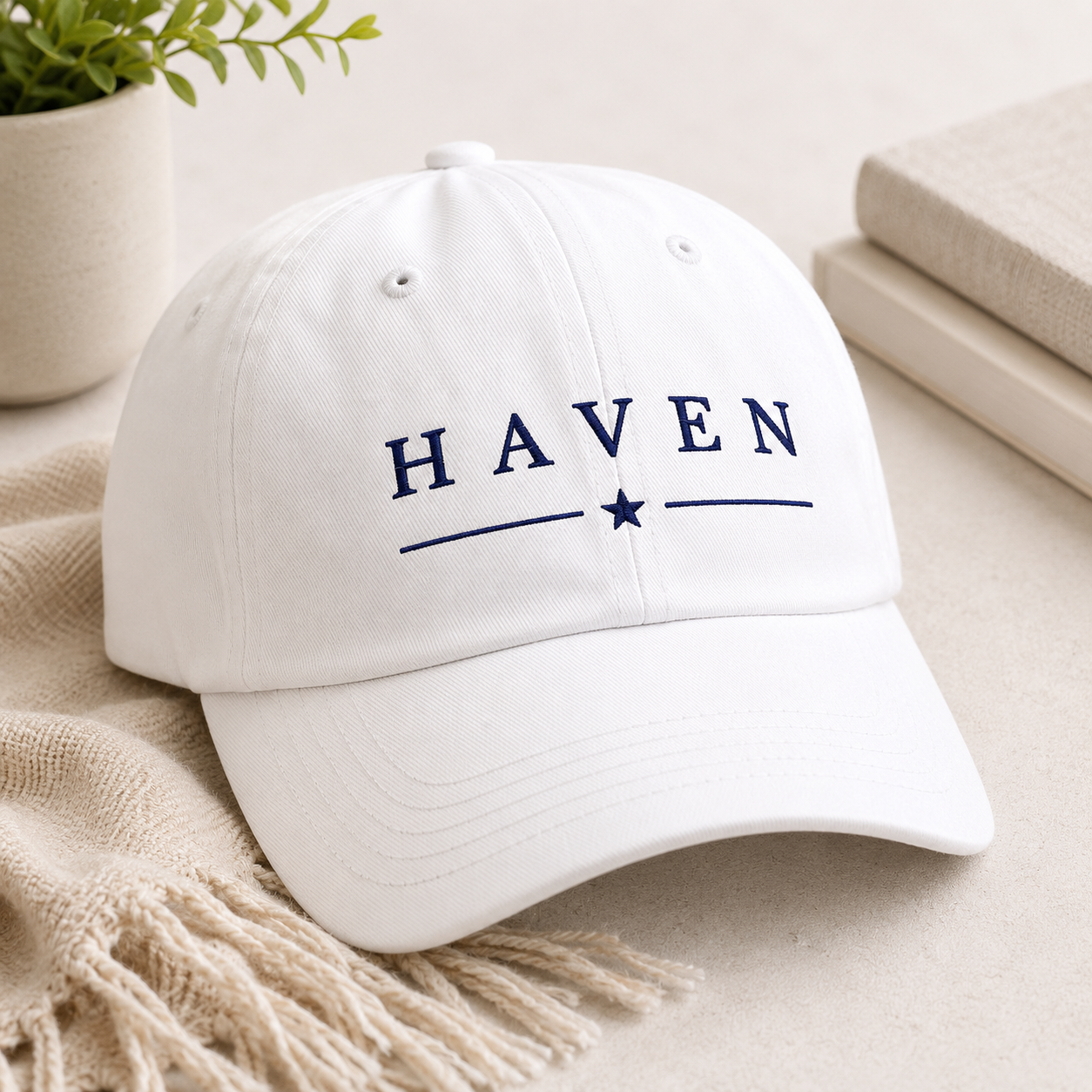 HAVEN™ Navy Embroidery on White Baseball Cap